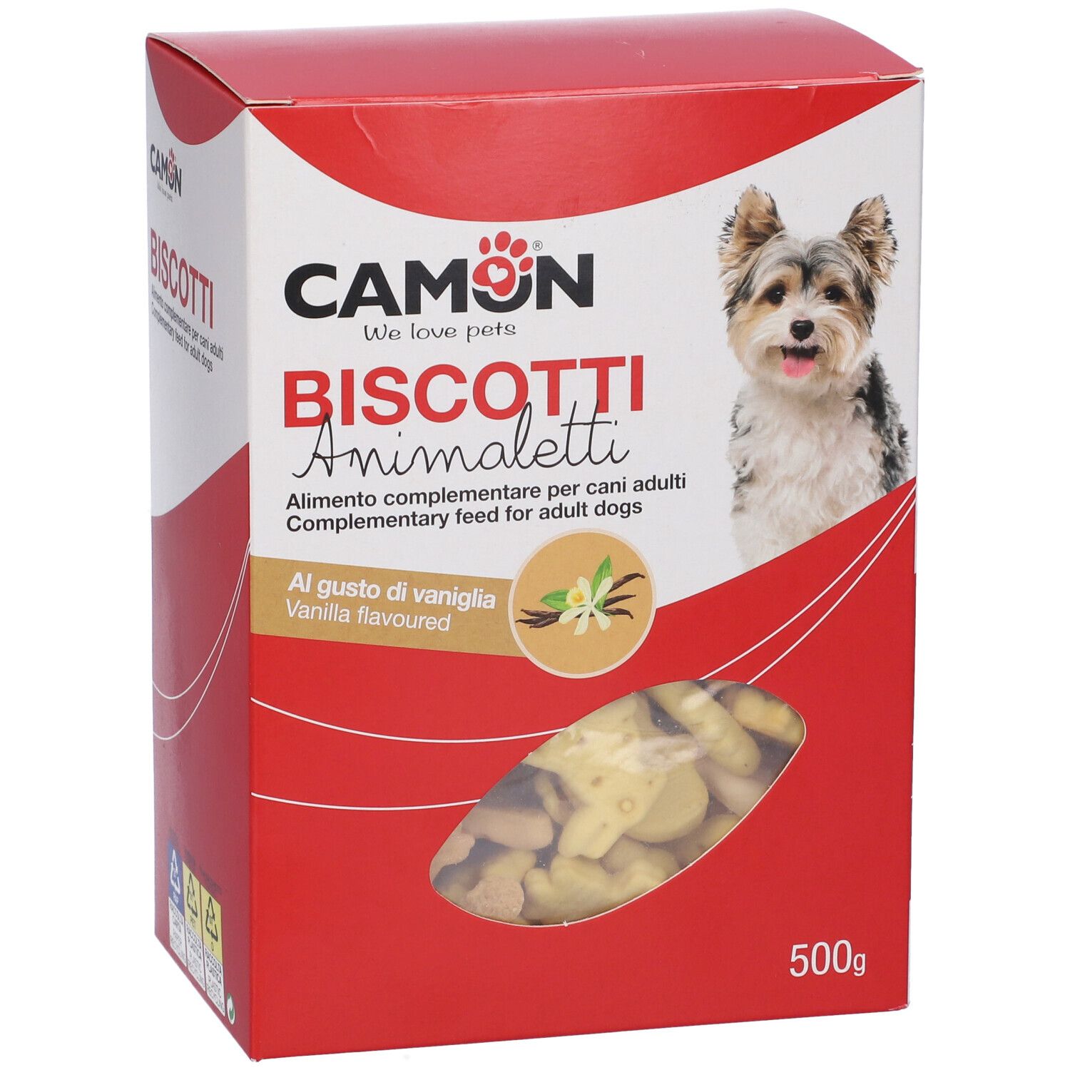 Confezione di biscotti per cani. Scritta: CAMON, Biscotti Animaletti, 500 g. Cane sulla confezione.