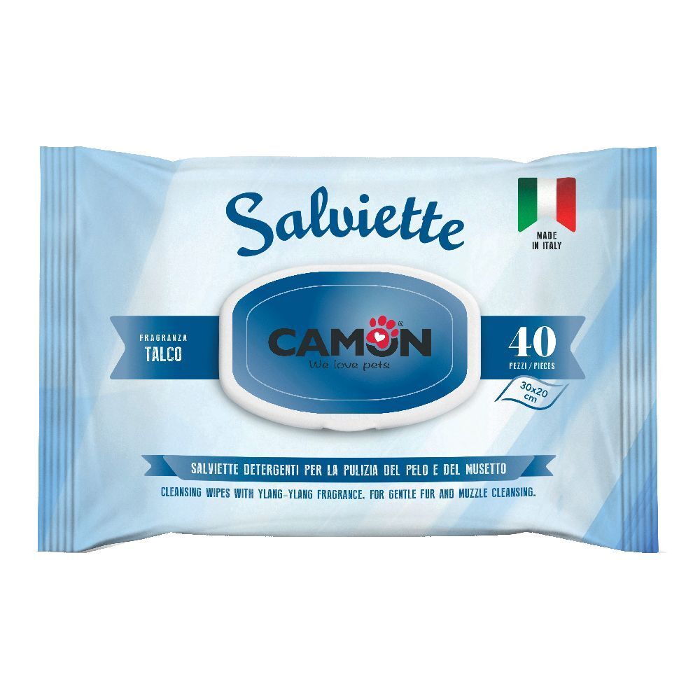 Confezione di salviette. Scritta "Salviette", marchio "CAMON". Contiene 40 salviette. Prodotto in Italia.