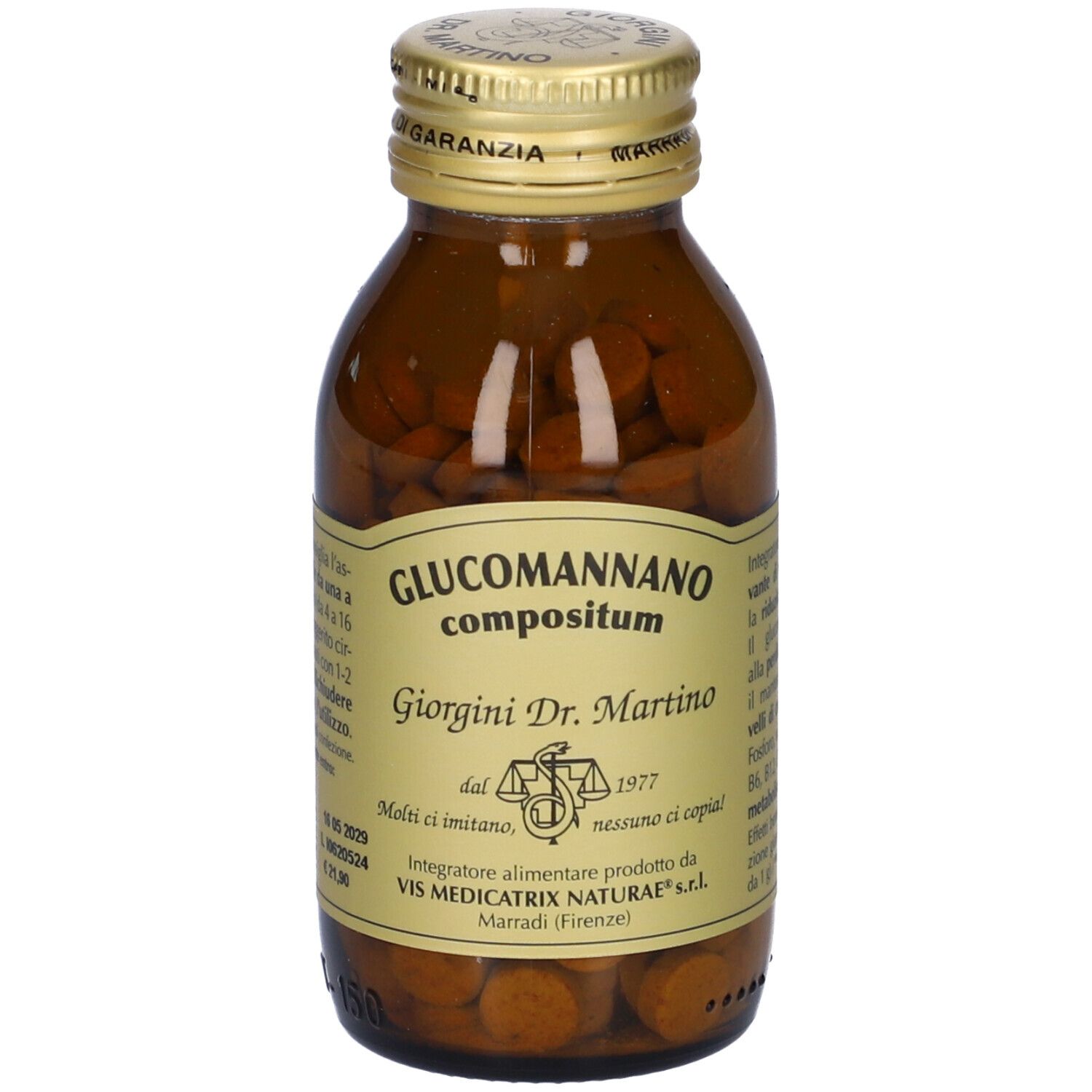 Braune Glasflasche mit Tabletten. Aufschrift: Glucomannano compositum, Giorgini Dr. Martino.