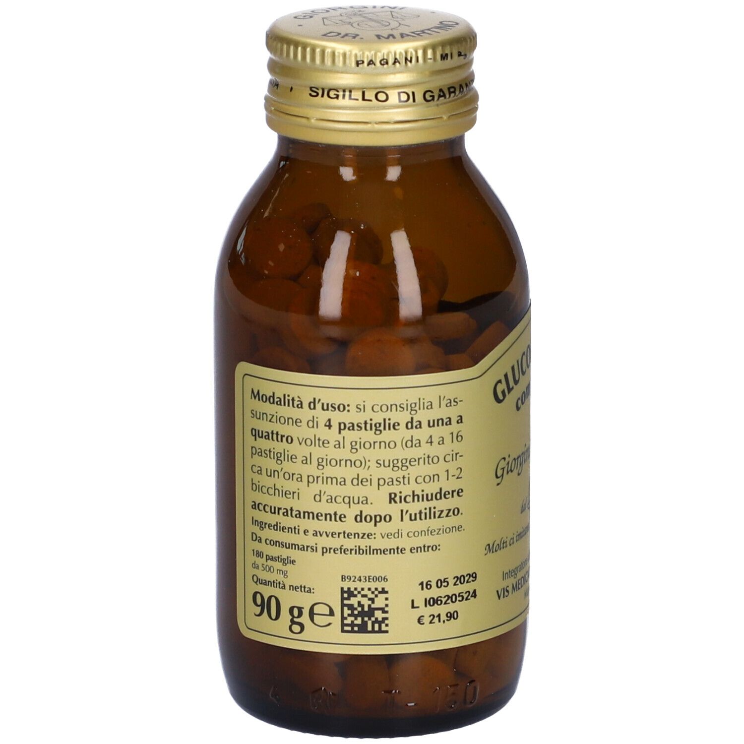 Braune Glasflasche mit Tabletten. Rückseite mit Text. Aufschrift: Glucomannano compositum, Giorgini Dr. Martino.