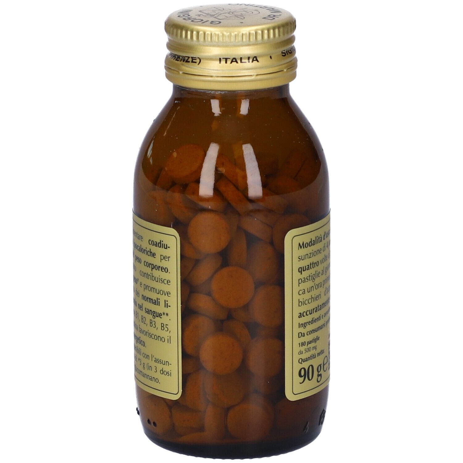 Braune Glasflasche mit Tabletten. Rückseite mit Text. Aufschrift: Glucomannano compositum, Giorgini Dr. Martino.