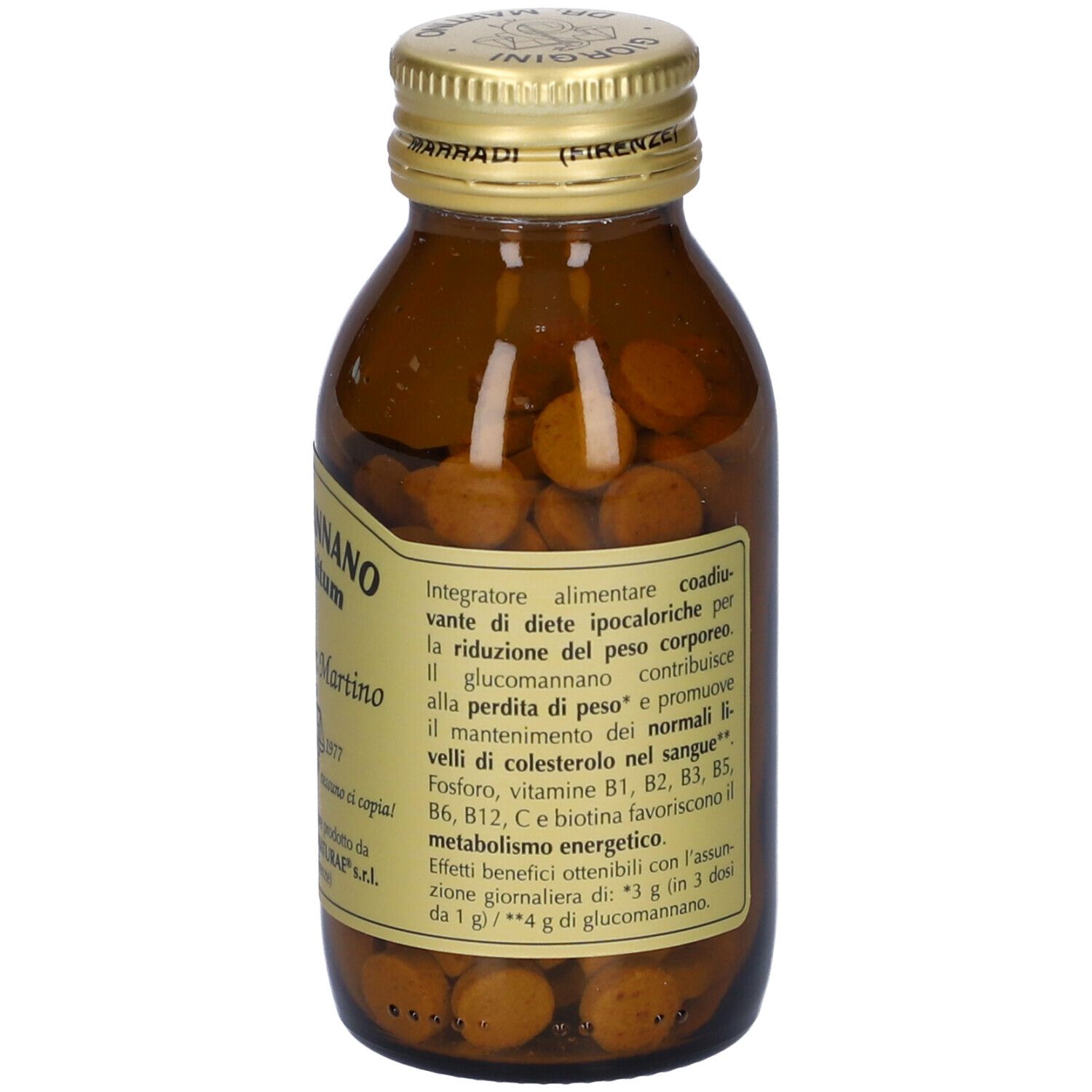 Braune Glasflasche mit Tabletten. Rückseite mit Text. Aufschrift: Glucomannano compositum, Giorgini Dr. Martino.