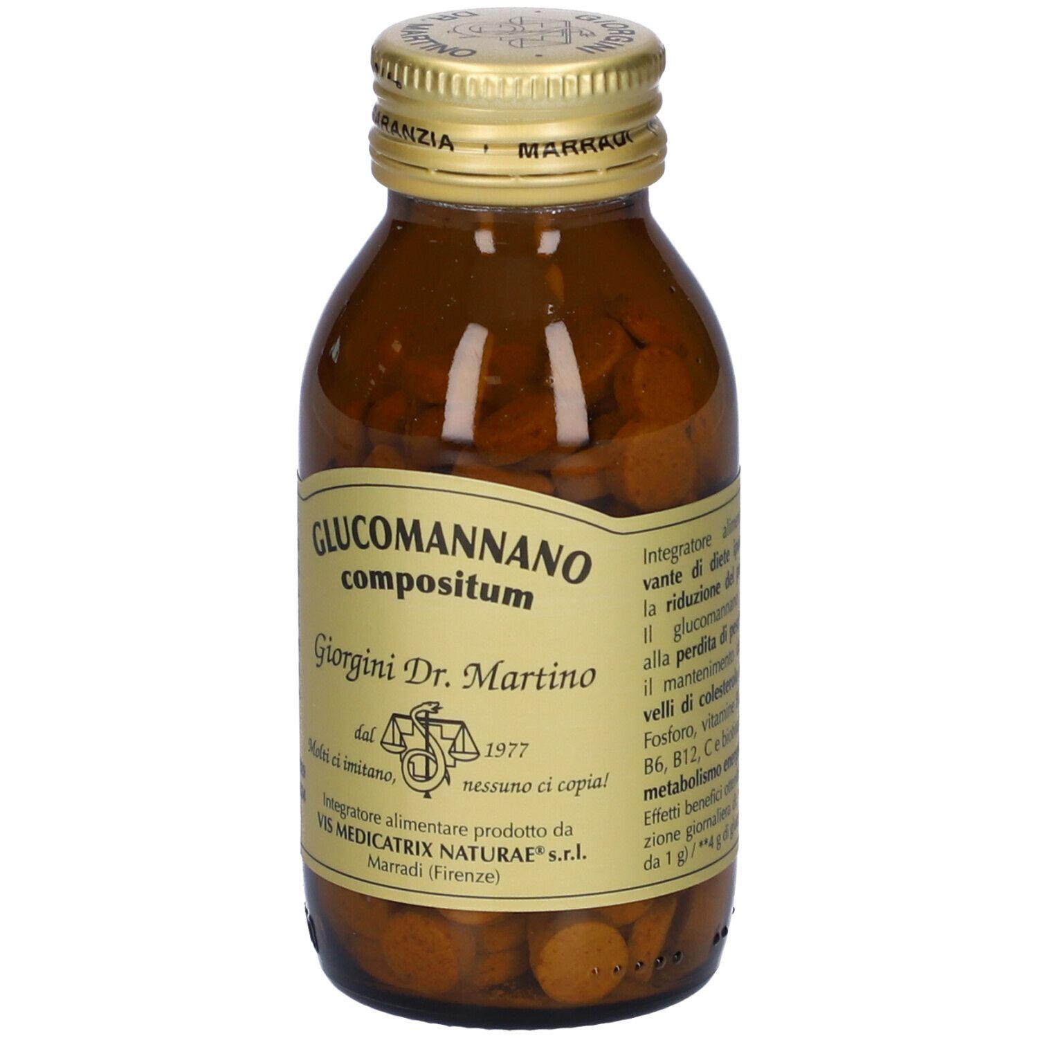 Braune Glasflasche mit Tabletten. Aufschrift: Glucomannano compositum, Giorgini Dr. Martino.