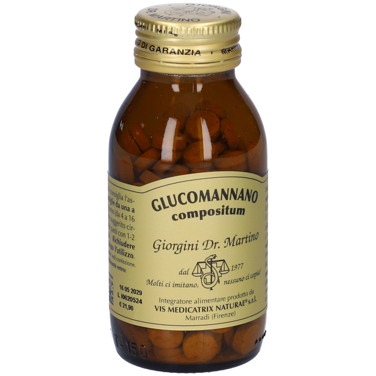 Braune Glasflasche mit Tabletten. Aufschrift: Glucomannano compositum, Giorgini Dr. Martino.