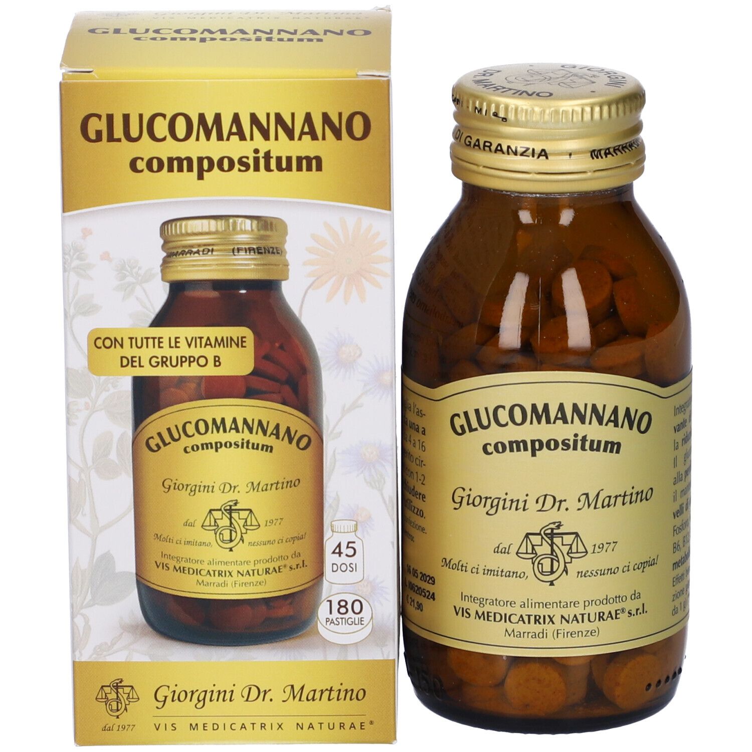 Produktverpackung mit Flasche und Karton. Aufschrift: Glucomannano compositum, Giorgini Dr. Martino.