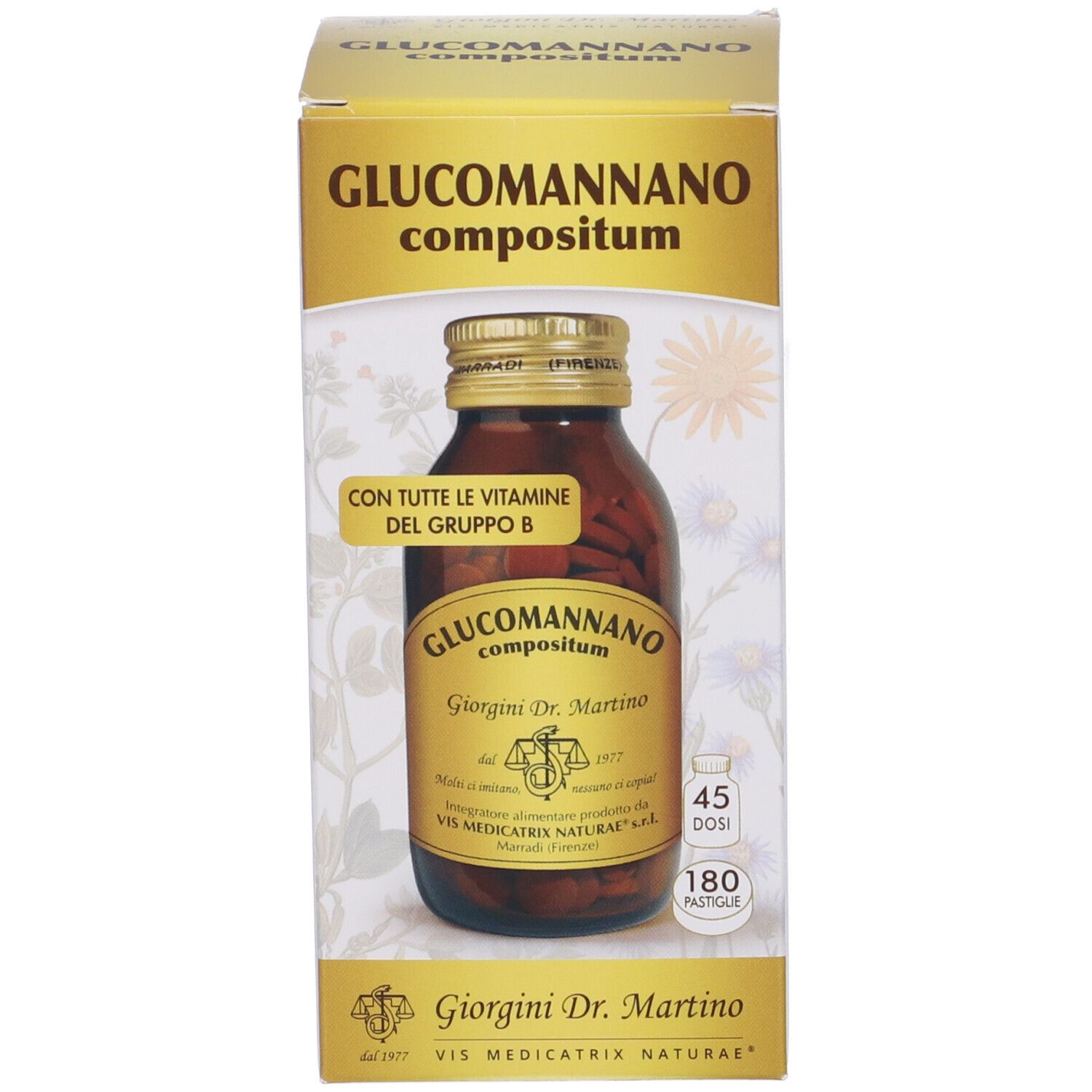 Produktverpackung mit Flasche und Karton. Aufschrift: Glucomannano compositum, Giorgini Dr. Martino.