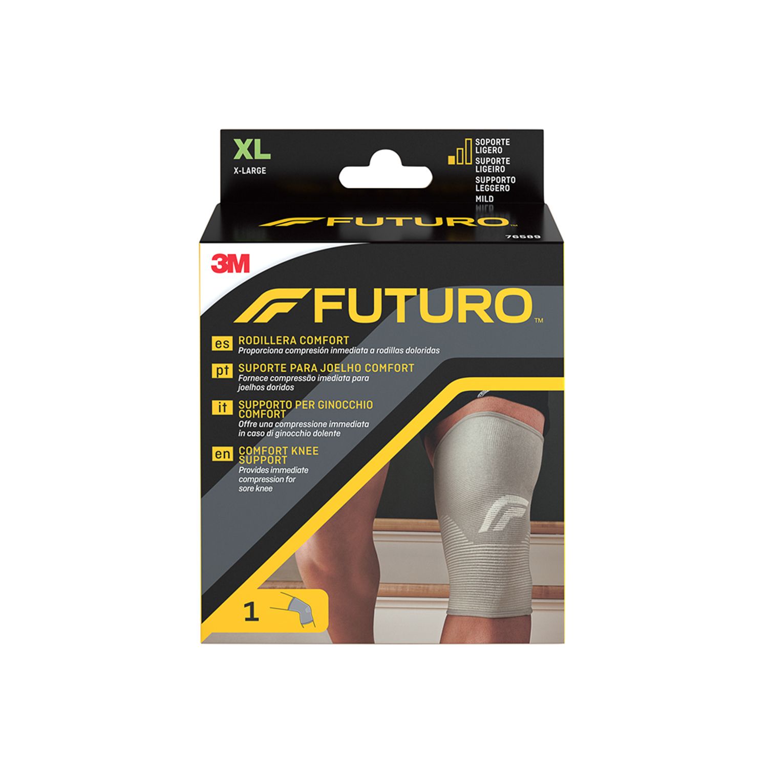 Verpackung einer 3M FUTURO Kniebandage zur Stabilisierung.
