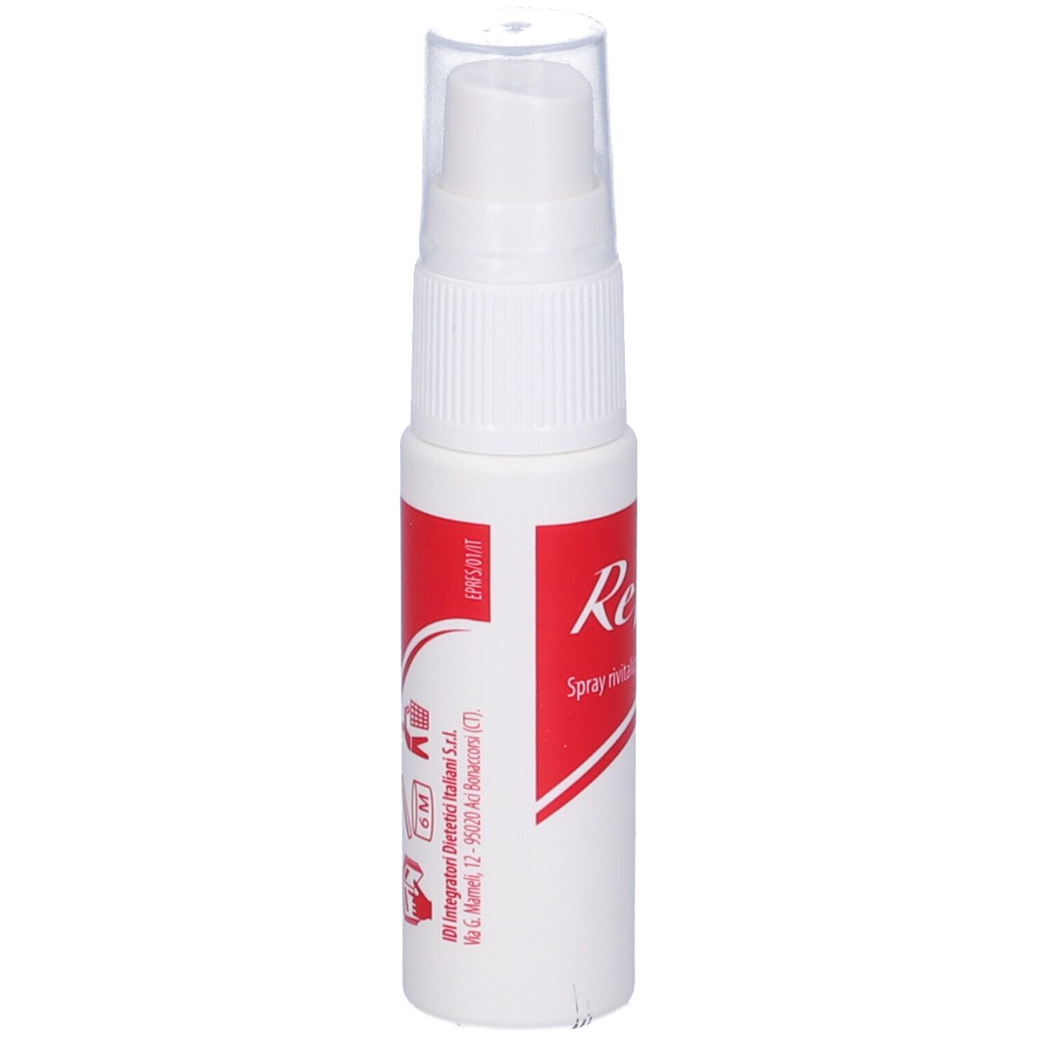 Flacone spray bianco con etichetta rossa. Tappo trasparente. Testo: Refeel Spray. Informazioni produttore.