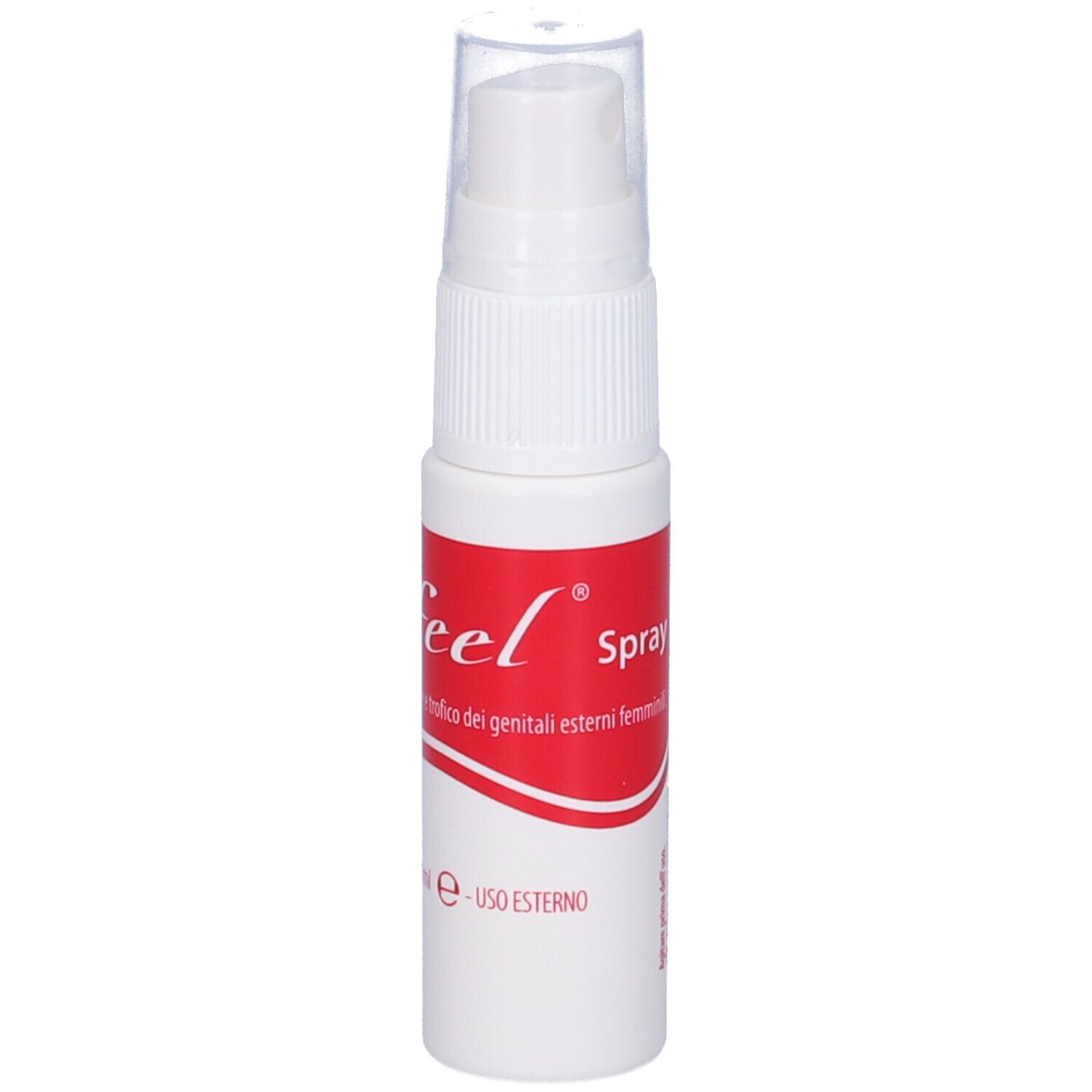Flacone spray bianco con etichetta rossa. Tappo trasparente. Testo: Refeel Spray. Uso esterno.