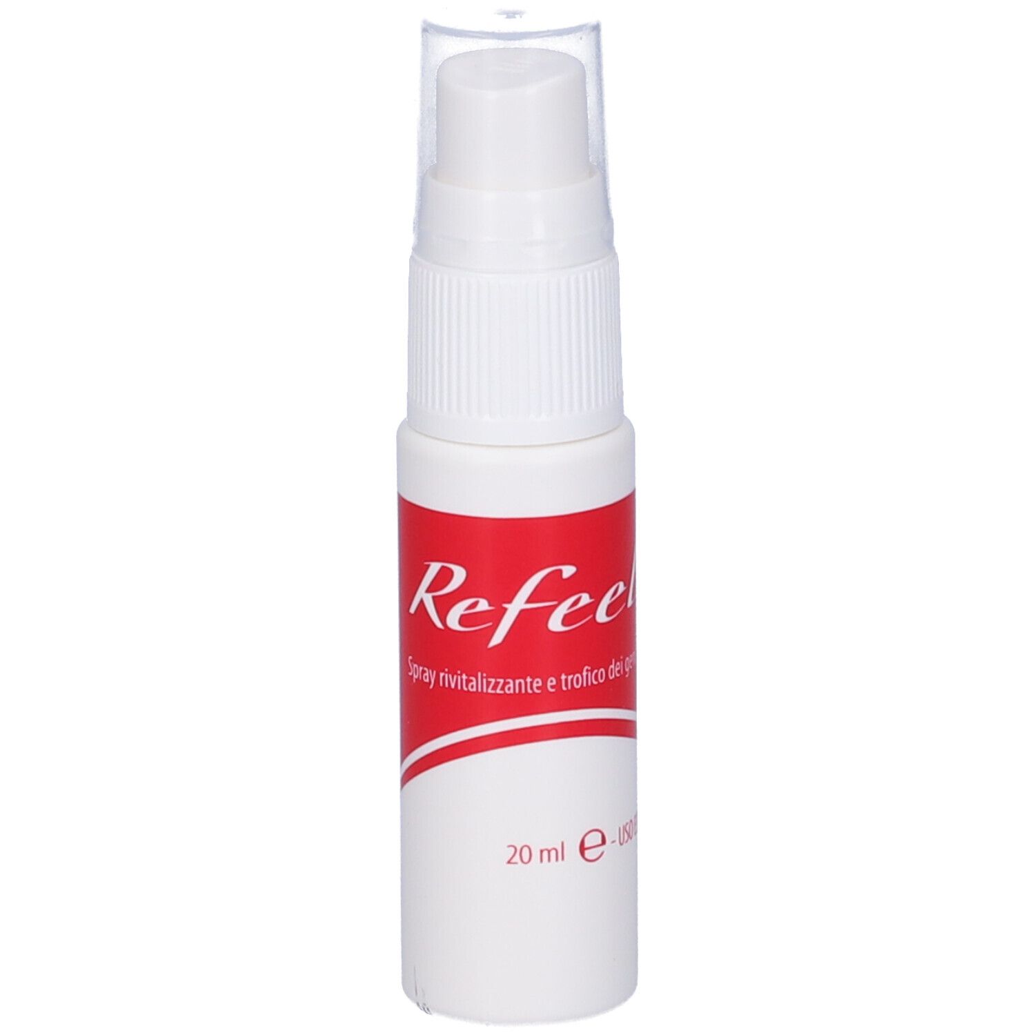 Flacone spray bianco con etichetta rossa. Tappo trasparente. Testo: Refeel Spray, 20 ml.