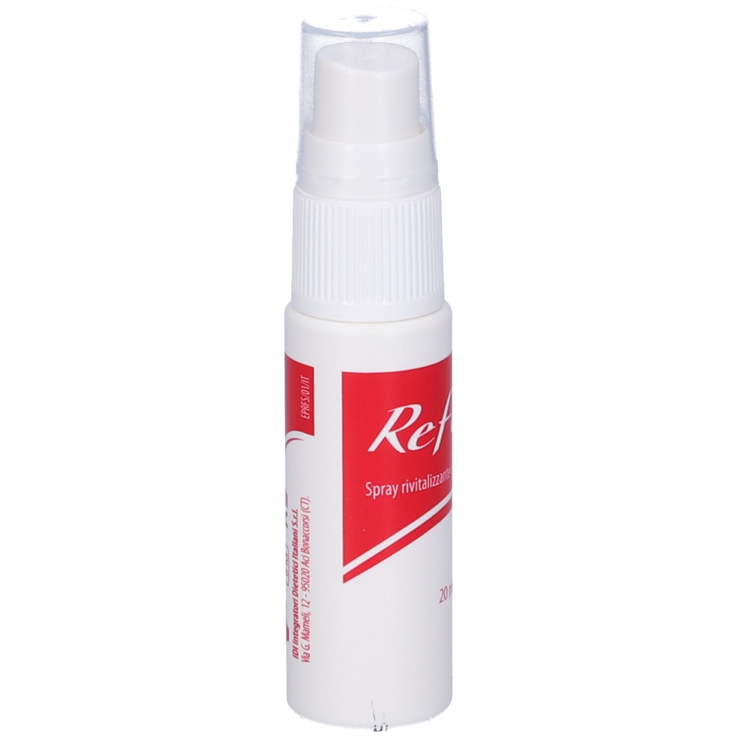 Flacone spray bianco con etichetta rossa. Tappo trasparente. Testo: Refeel Spray, 20 ml. Produttore.