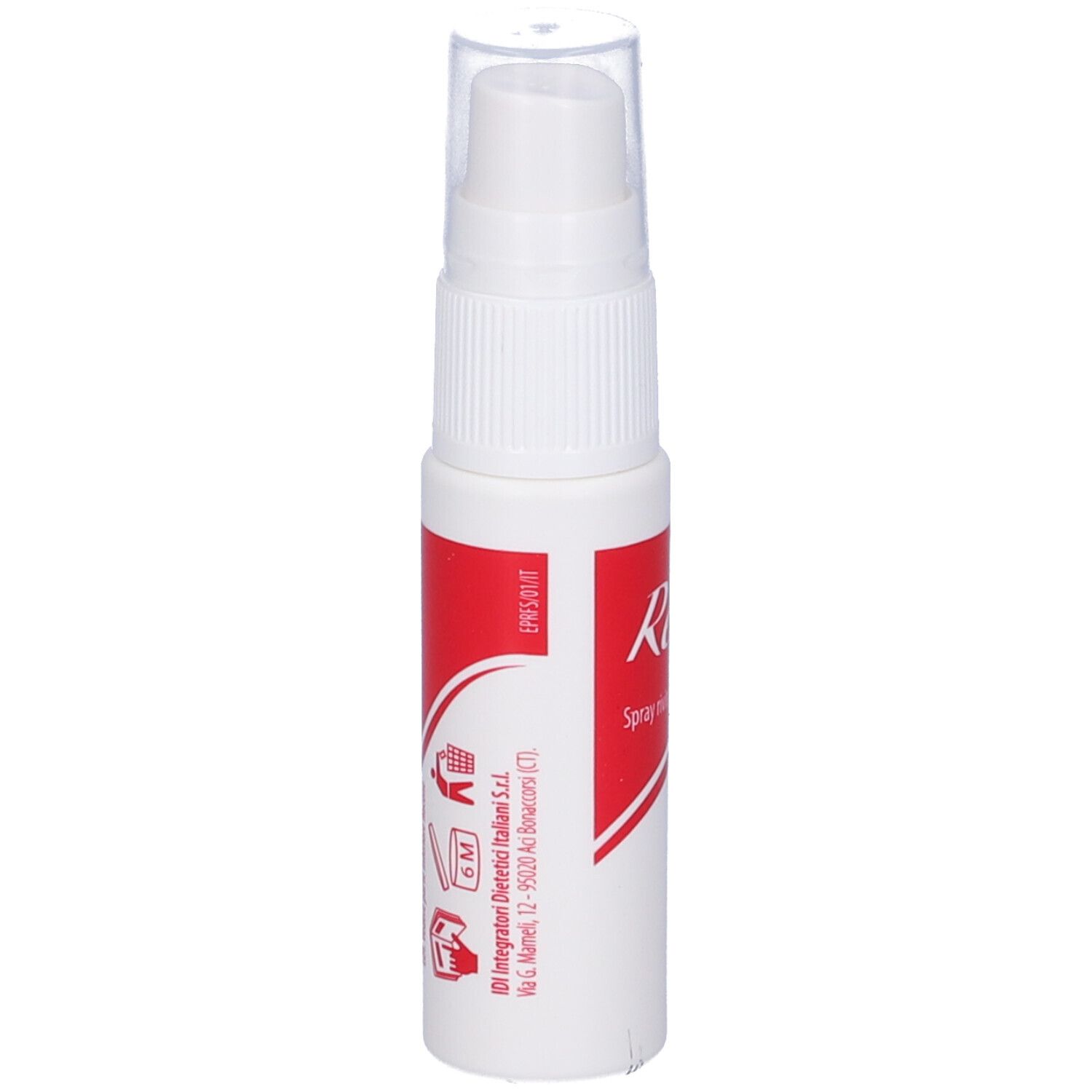 Flacone spray bianco con etichetta rossa. Tappo trasparente. Testo: Refeel Spray. Simboli e produttore.