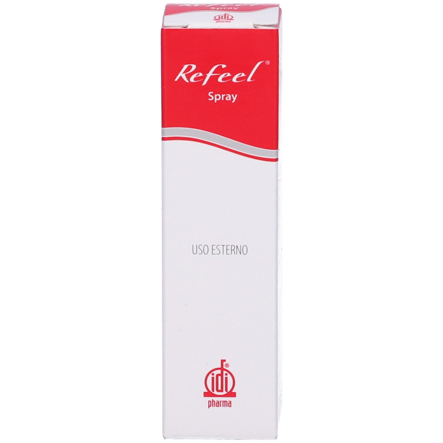 Confezione di Refeel Spray. Scatola rossa e bianca. Testo: Refeel Spray. Uso esterno.
