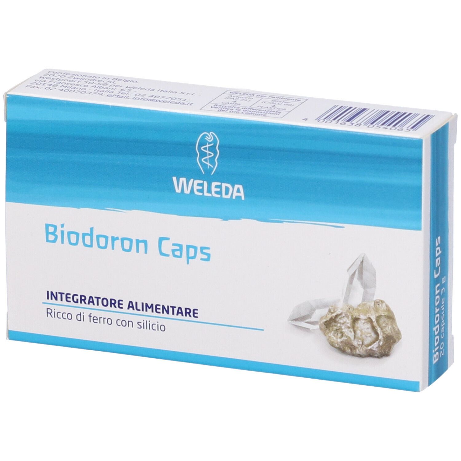 Scatola bianca con striscia blu. Scritto: Biodoron Caps, logo Weleda. Immagine di minerali. Testo: Integratore Alimentare, Ricco di ferro con silicio.