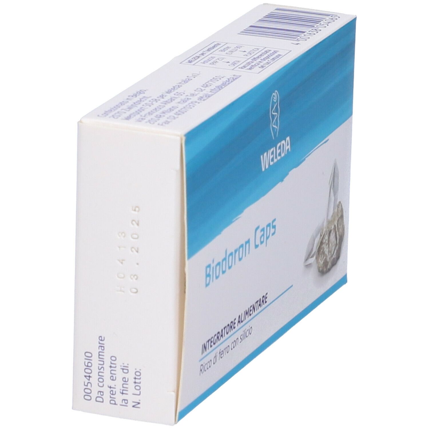 Scatola con angolo blu. Scritto: Biodoron Caps. Retro con testo e data di scadenza. Contiene 20 capsule.