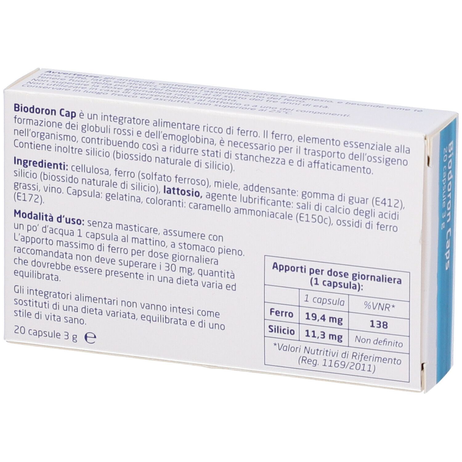 Retro della scatola. Testo con ingredienti e informazioni nutrizionali. Contiene 20 capsule.