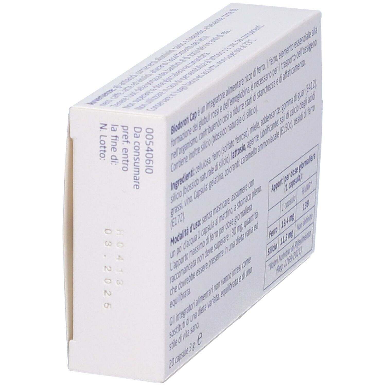 Retro della scatola. Testo con ingredienti e informazioni nutrizionali. Contiene 20 capsule.