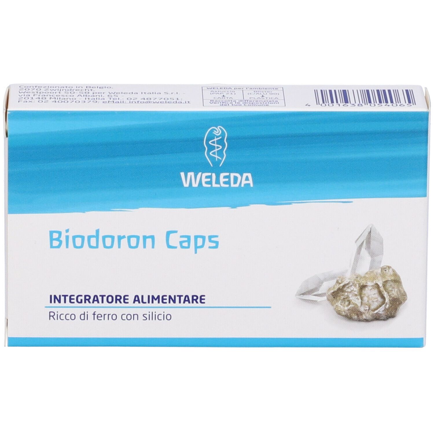 Scatola bianca con striscia blu. Scritto: Biodoron Caps, logo Weleda. Immagine di minerali. Testo: Integratore Alimentare, Ricco di ferro con silicio.