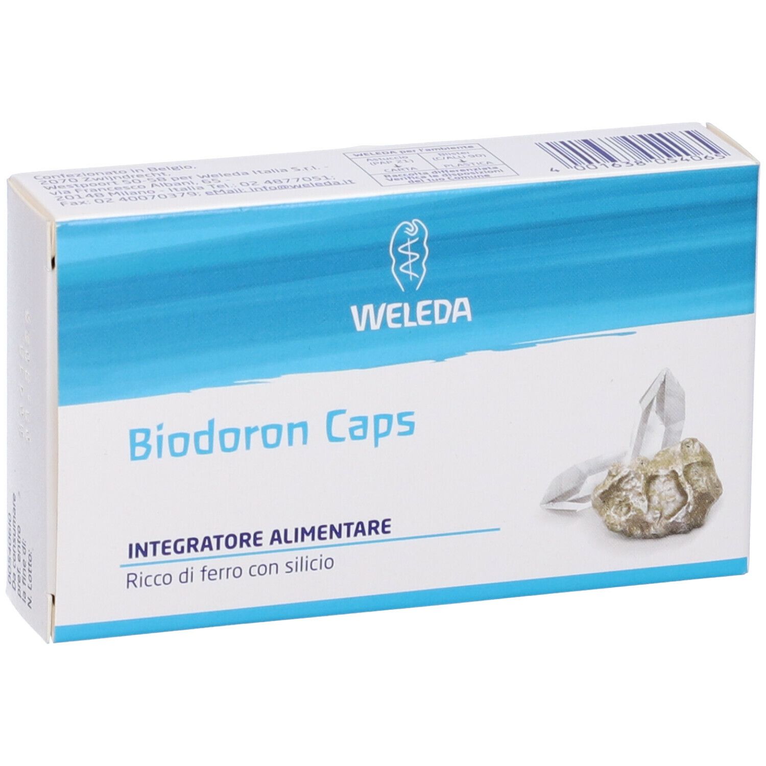 Scatola bianca con striscia blu. Scritto: Biodoron Caps, logo Weleda. Immagine di minerali. Testo: Integratore Alimentare, Ricco di ferro con silicio.
