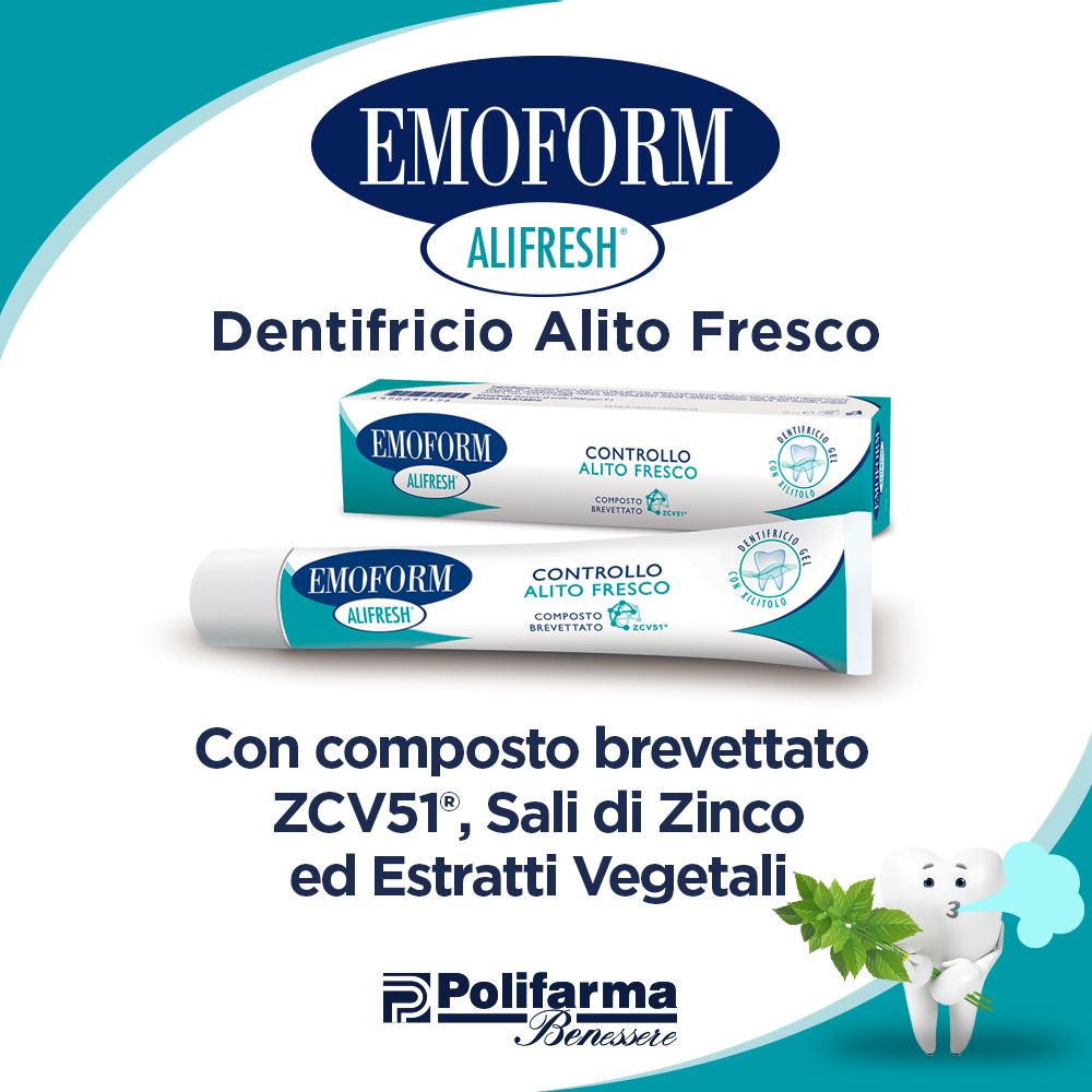 Zahnpasta-Tube und -Schachtel. Marke: EMOFORM ALIFRESH. Text: Dentifricio Alito Fresco. Polifarma Benessere Logo.