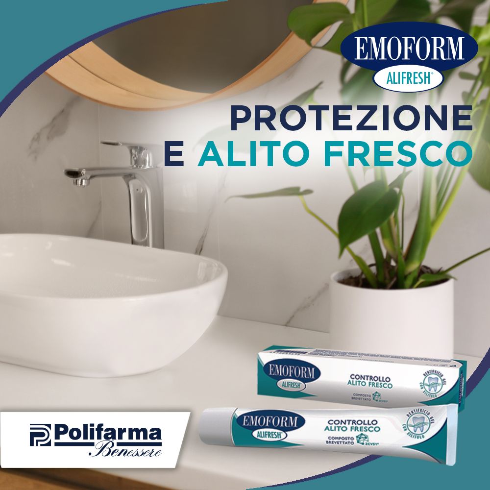 Zahnpasta-Tube und -Schachtel auf Waschbecken. Marke: EMOFORM ALIFRESH. Text: PROTEZIONE E ALITO FRESCO. Polifarma Benessere Logo.