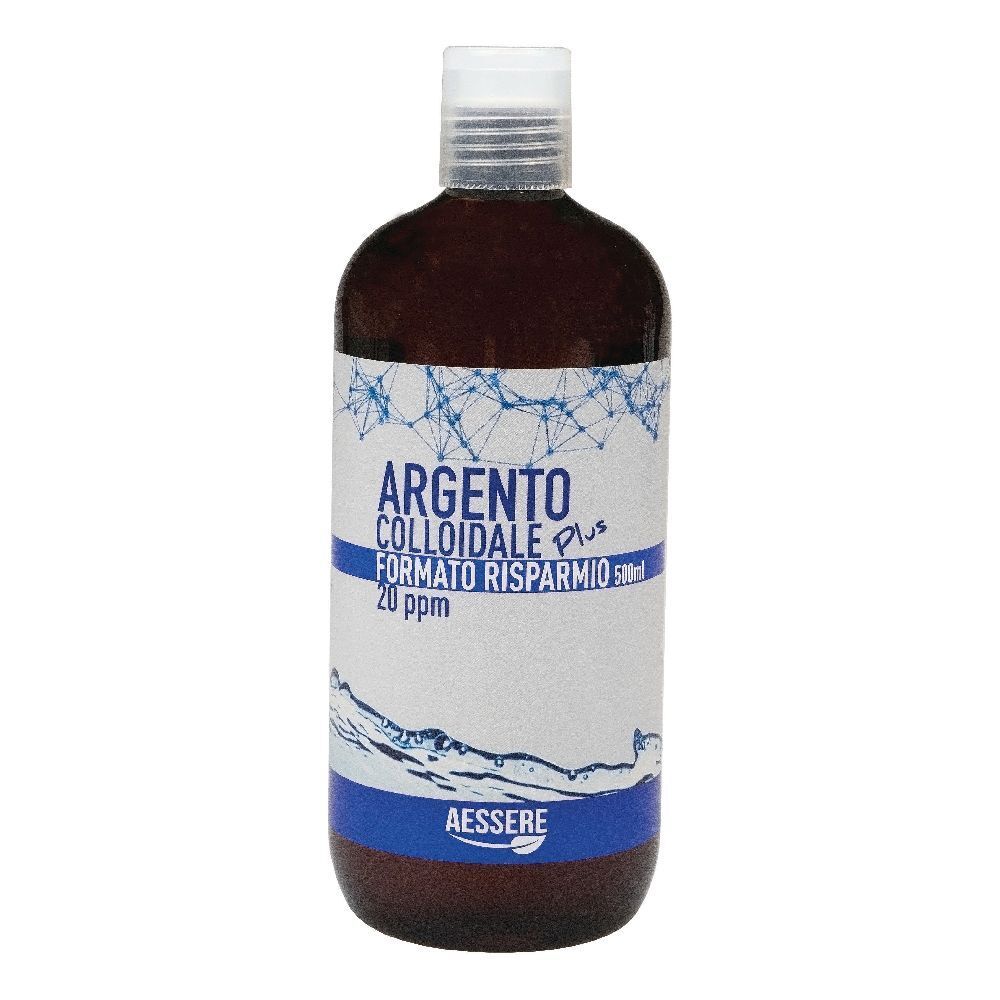 Bottiglia marrone con tappo bianco. Scritta: Argento Colloidale Plus, 20 ppm. Marchio: Aessere.