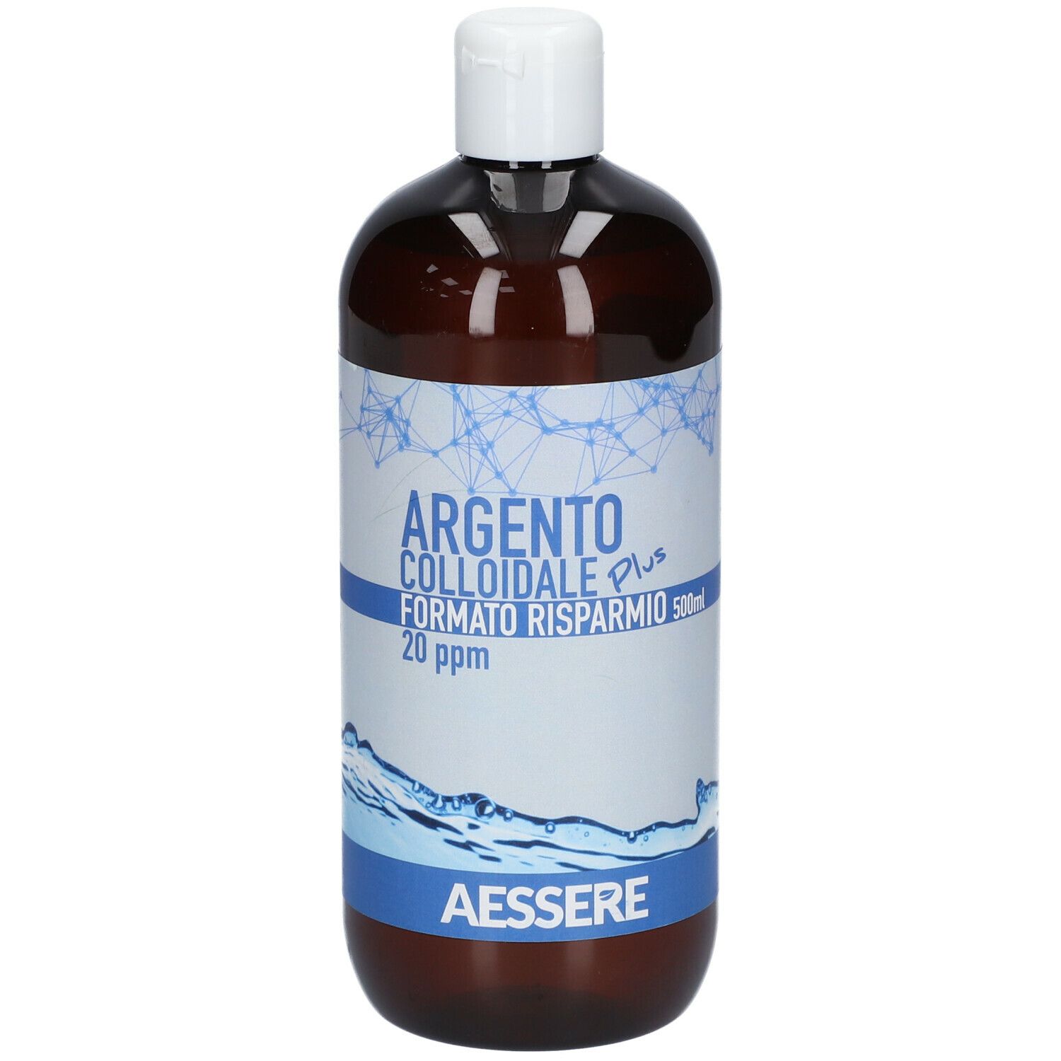 Bottiglia marrone con tappo bianco. Scritta: Argento Colloidale Plus, 20 ppm, 500ml. Marchio: Aessere.