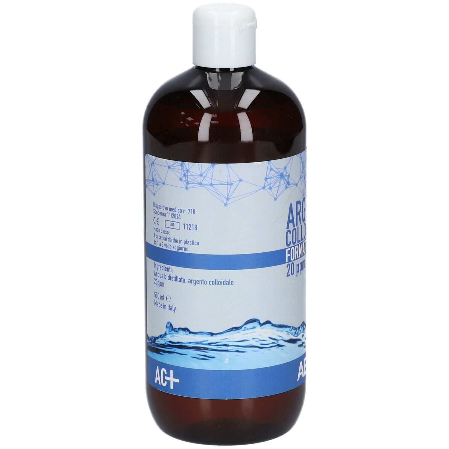 Bottiglia marrone con tappo bianco. Scritta: Argento Colloidale Plus, 20 ppm, 500ml. Marchio: Aessere. Ingredienti sul retro.