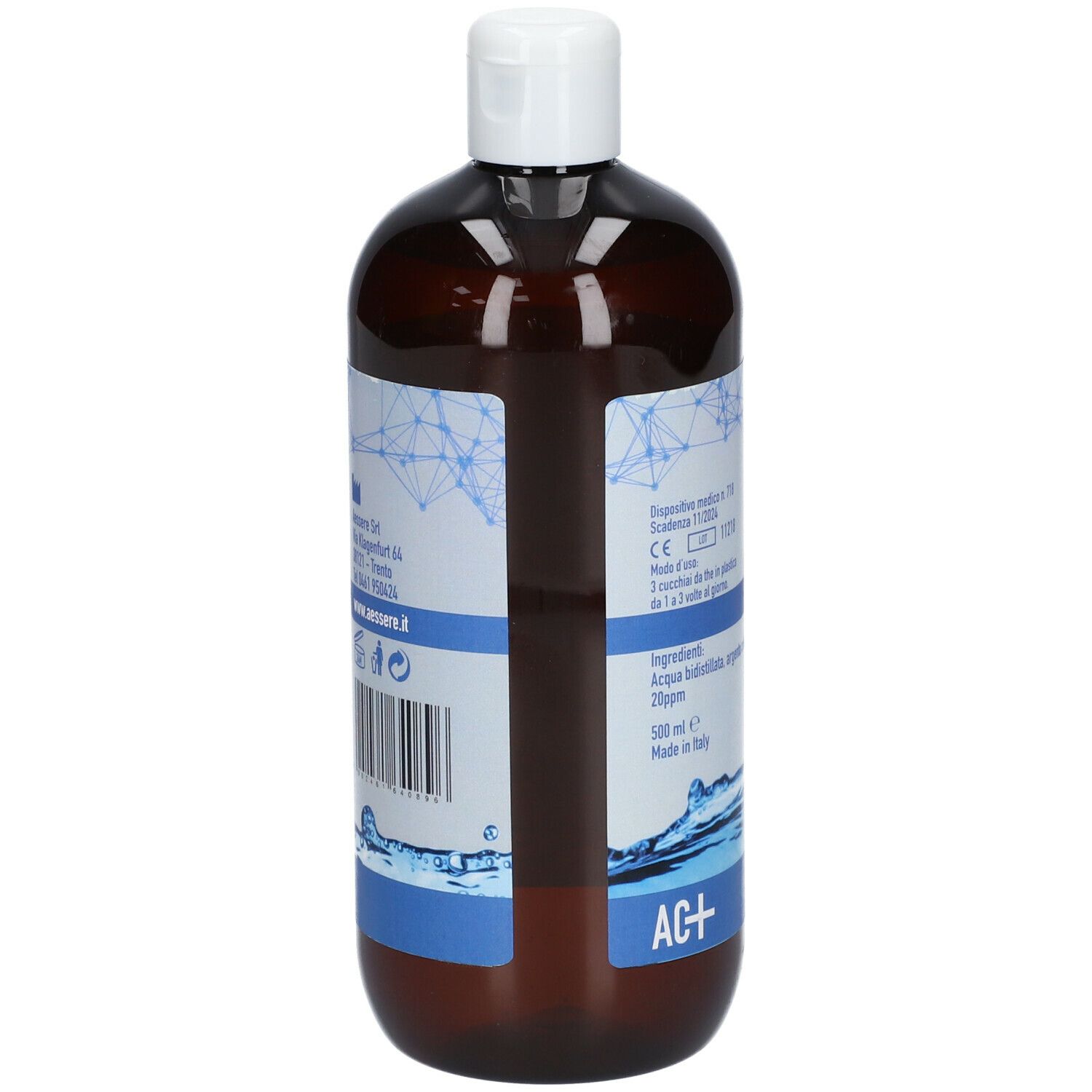 Bottiglia marrone con tappo bianco. Scritta: Argento Colloidale Plus, 20 ppm, 500ml. Marchio: Aessere. Codice a barre sul retro.