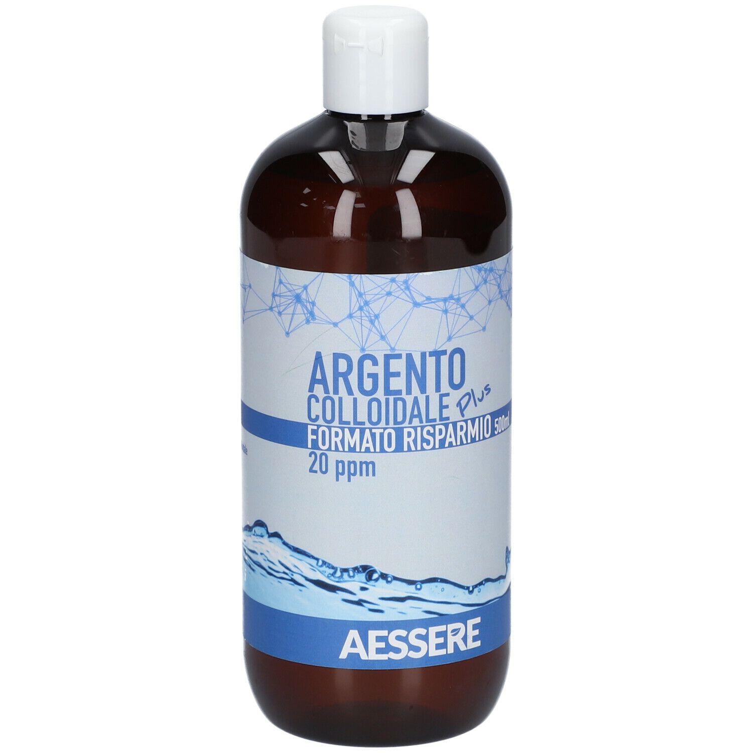 Bottiglia marrone con tappo bianco. Scritta: Argento Colloidale Plus, 20 ppm, 500ml. Marchio: Aessere.