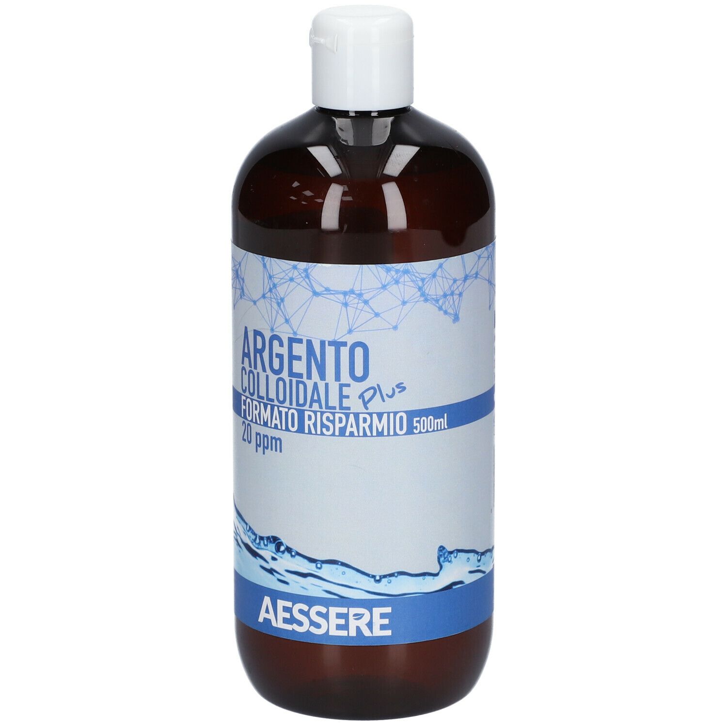 Bottiglia marrone con tappo bianco. Scritta: Argento Colloidale Plus, 20 ppm, 500ml. Marchio: Aessere.