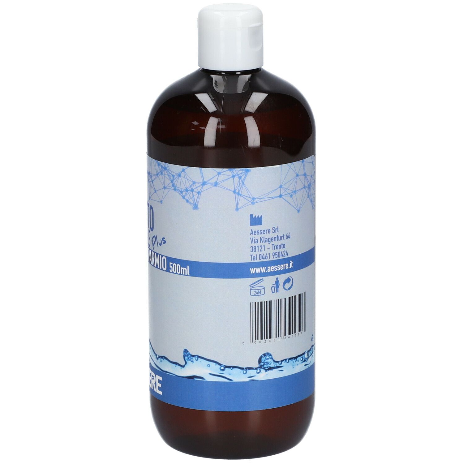 Bottiglia marrone con tappo bianco. Scritta: Argento Colloidale Plus, 20 ppm, 500ml. Marchio: Aessere. Indirizzo sul retro.