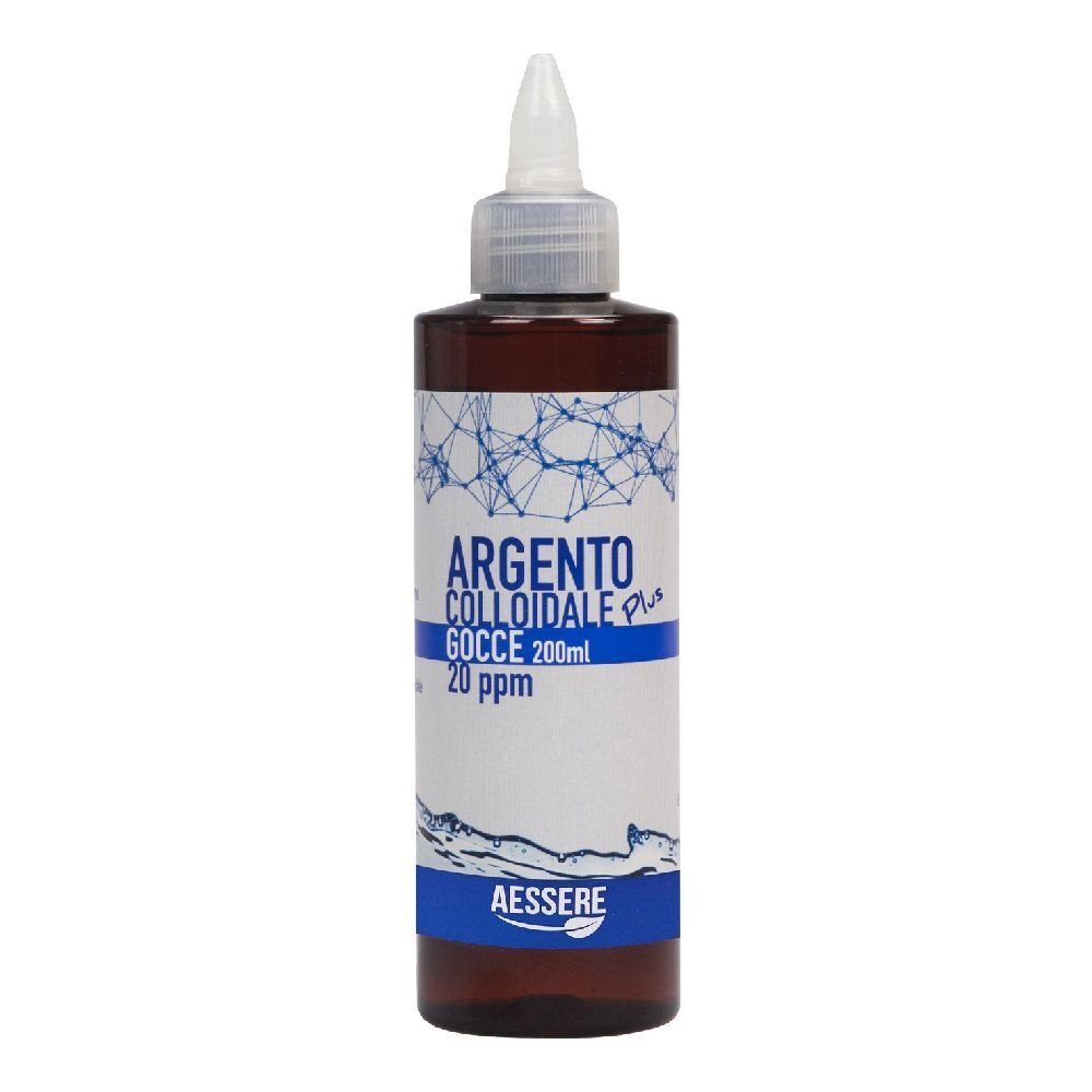 Braune Flasche mit weißem Aufsatz. Aufschrift: Argento Colloidale Plus Gocce 200ml 20ppm. Marke: Aessere.