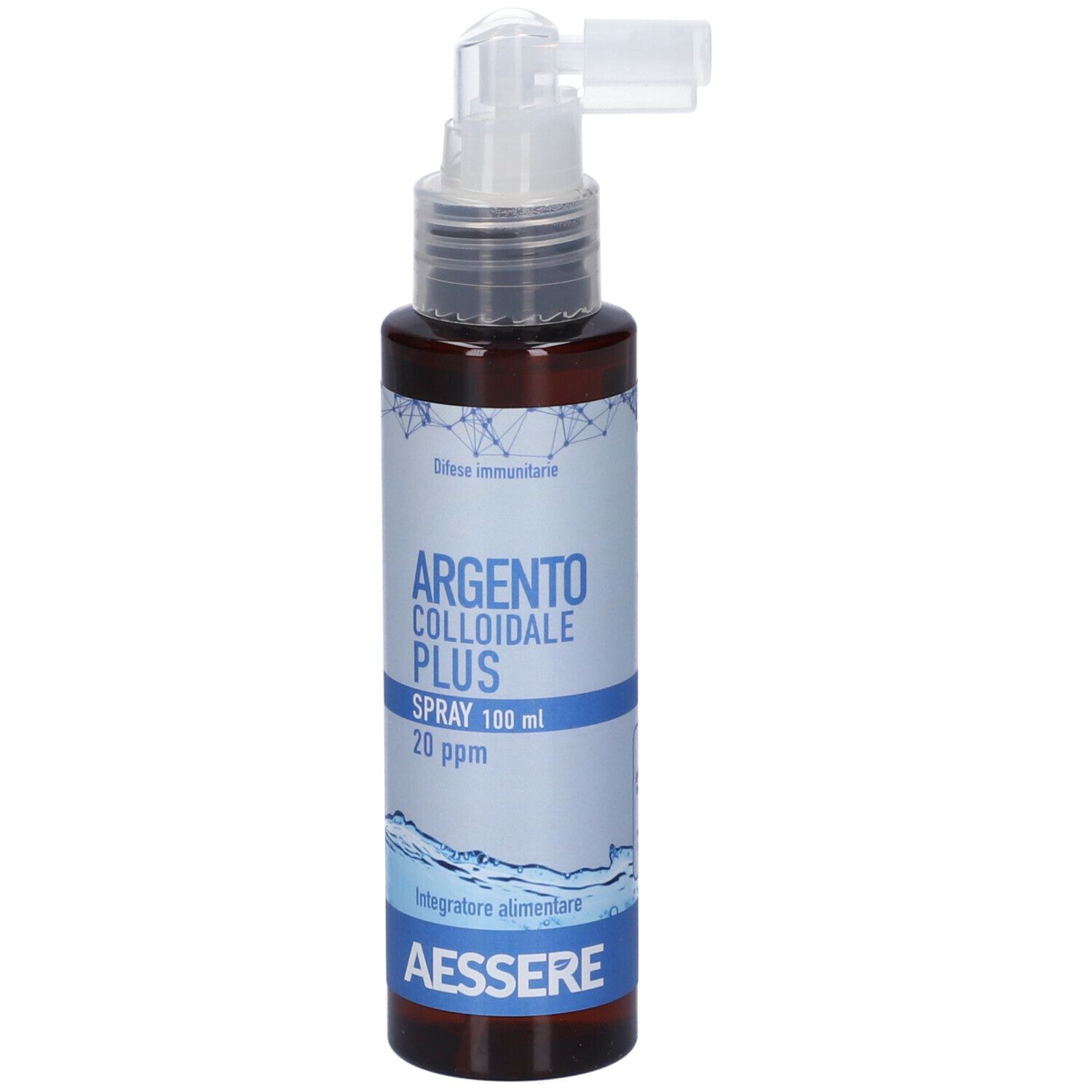 Flacone marrone con spruzzatore. Scritta: Argento Colloidale Plus Spray, 20 ppm. Marchio AESSERE.