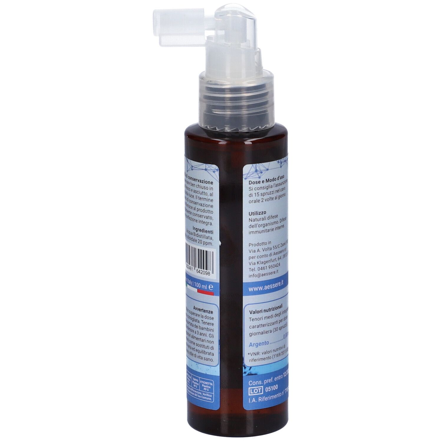 Flacone marrone con spruzzatore. Scritte e testo. Marchio AESSERE. Retro con testo.