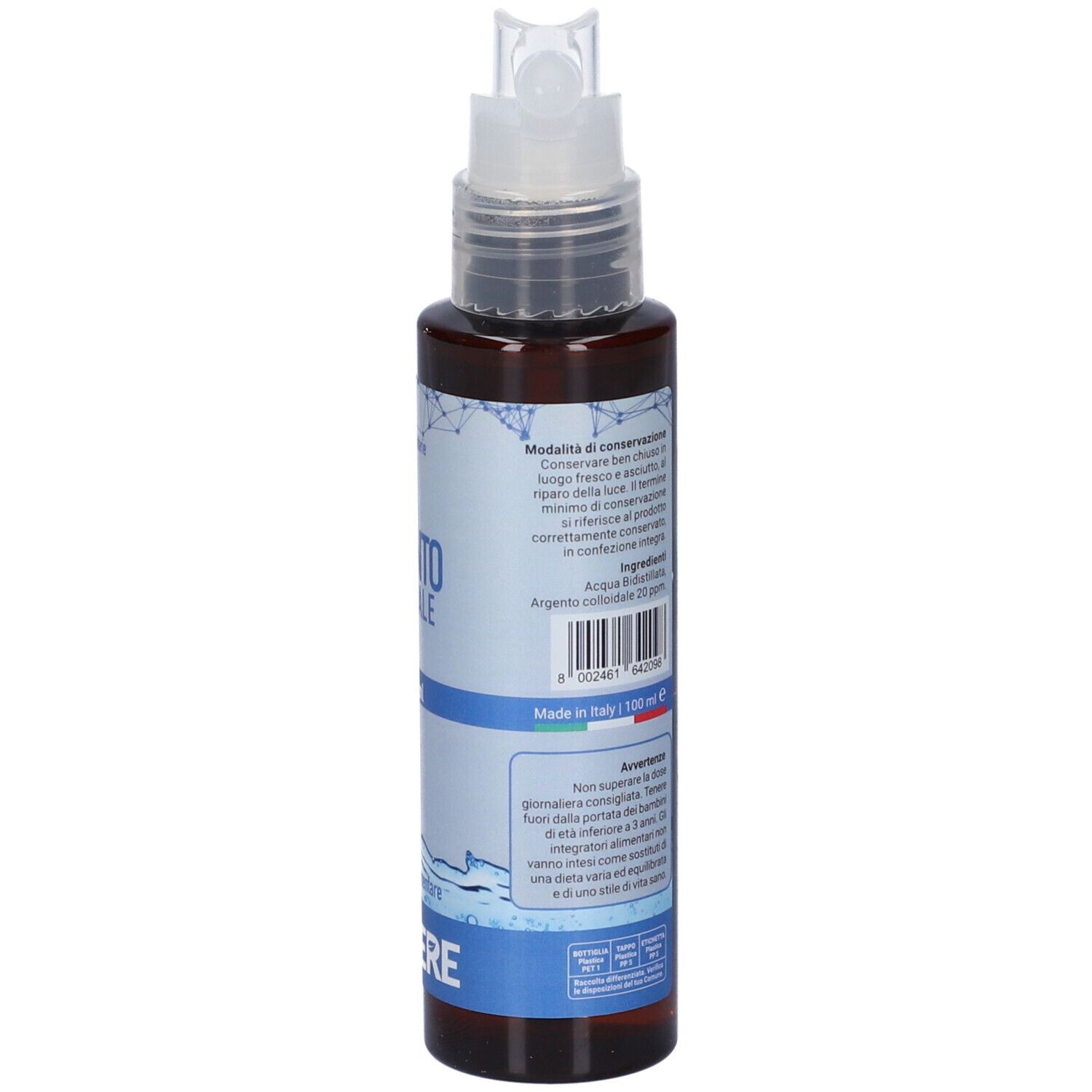 Flacone marrone con spruzzatore. Scritte e testo. Marchio AESSERE. Retro con testo.