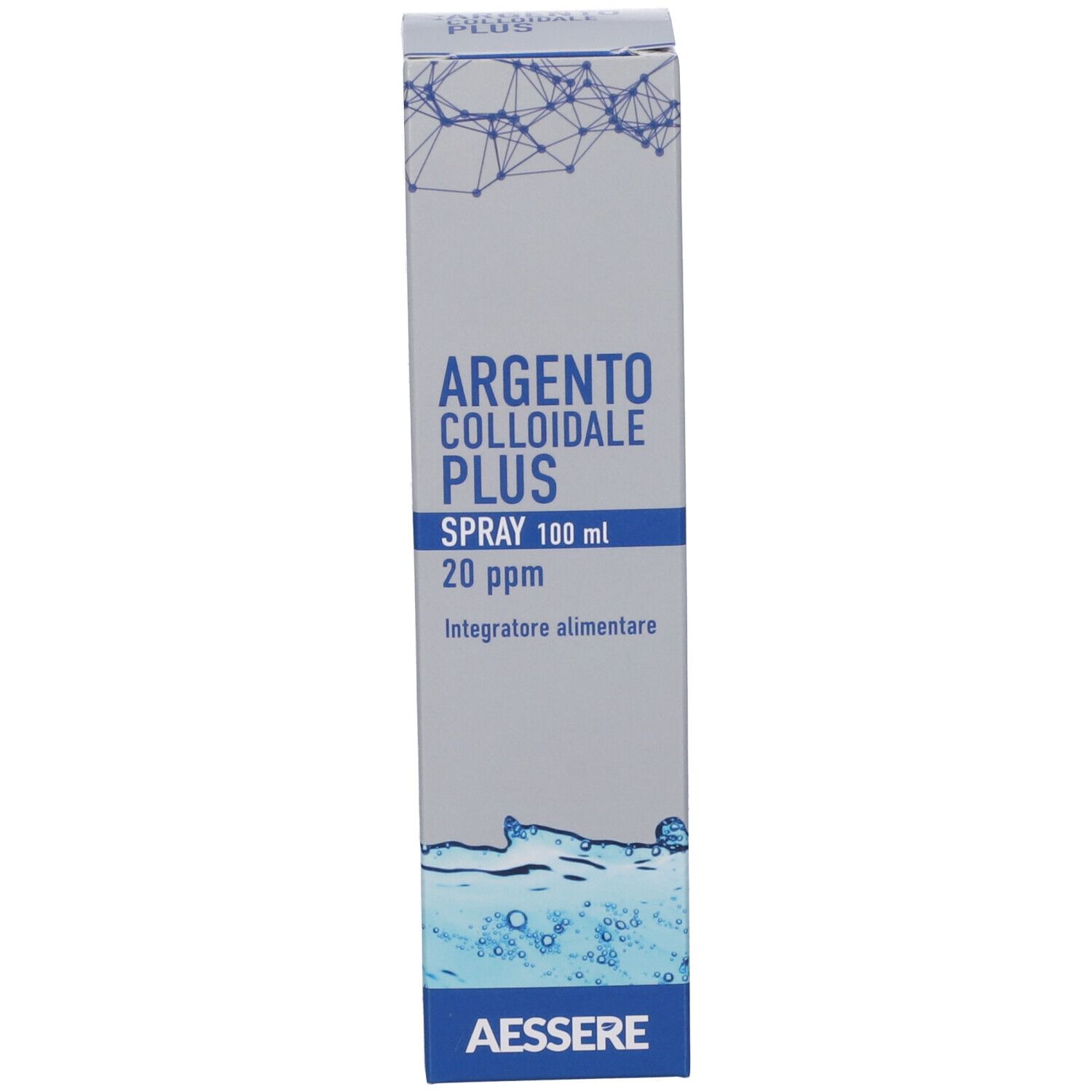 Confezione del prodotto. Scritta: Argento Colloidale Plus Spray, 20 ppm. Marchio AESSERE.