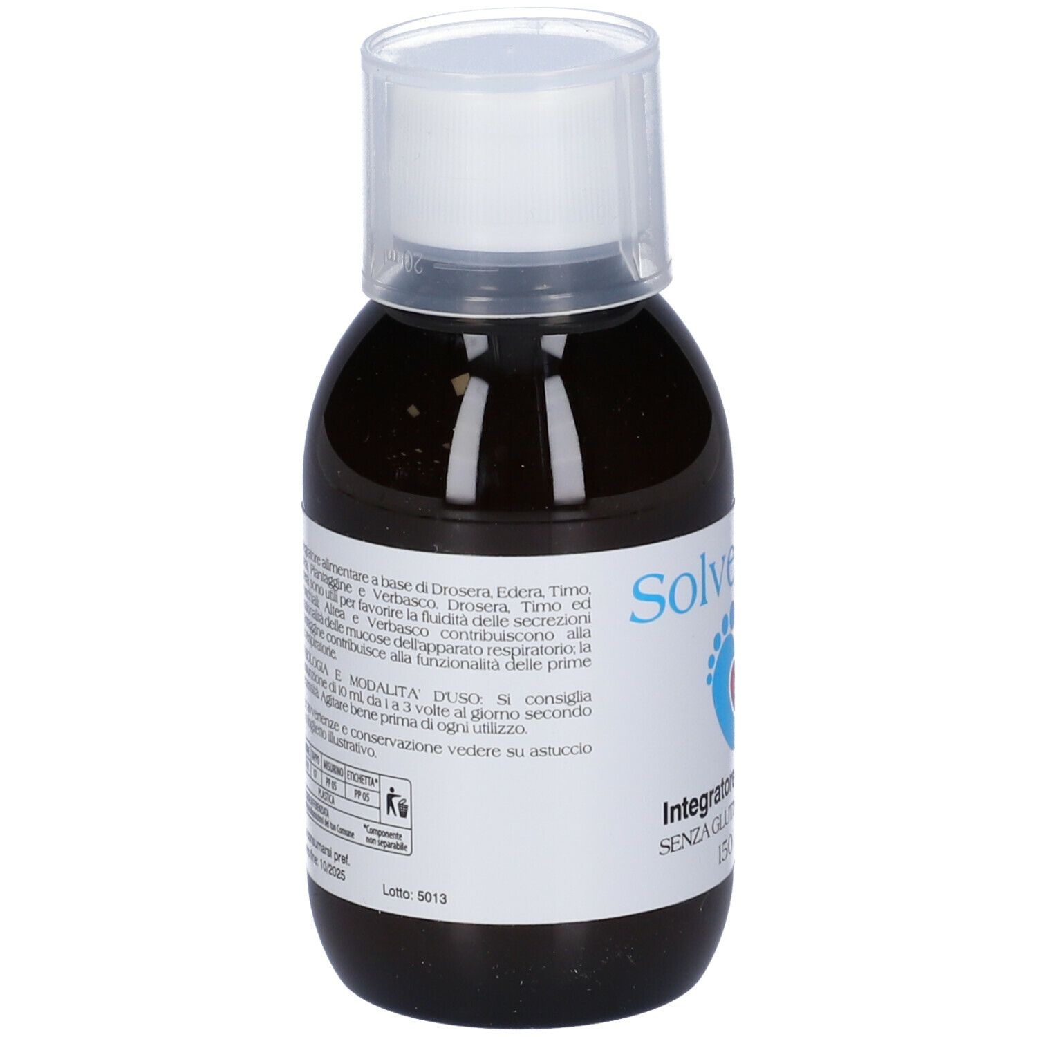 Liquido marrone in bottiglia con tappo bianco. Etichetta con informazioni sul prodotto.