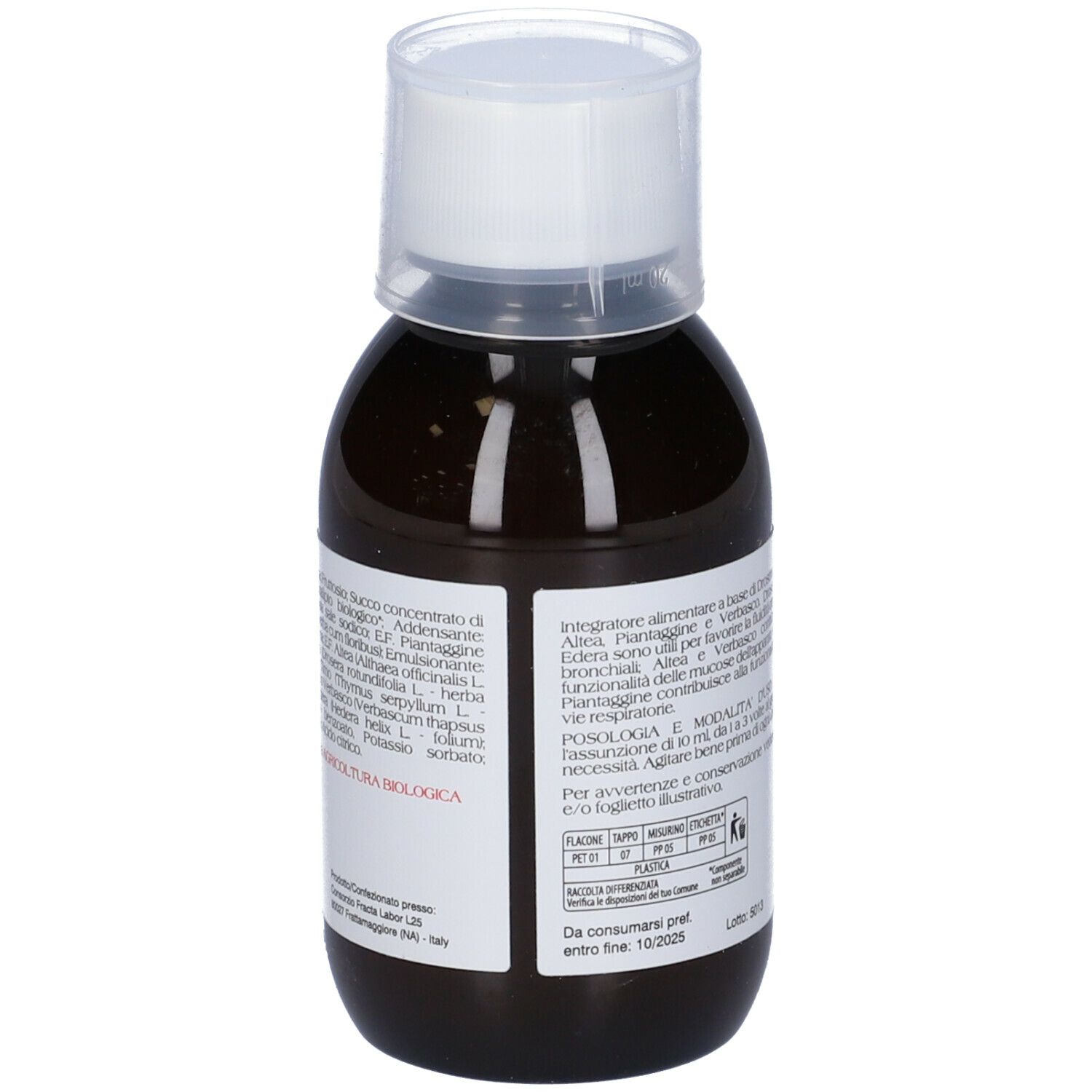 Liquido marrone in bottiglia con tappo bianco. Retro con informazioni e ingredienti del prodotto.