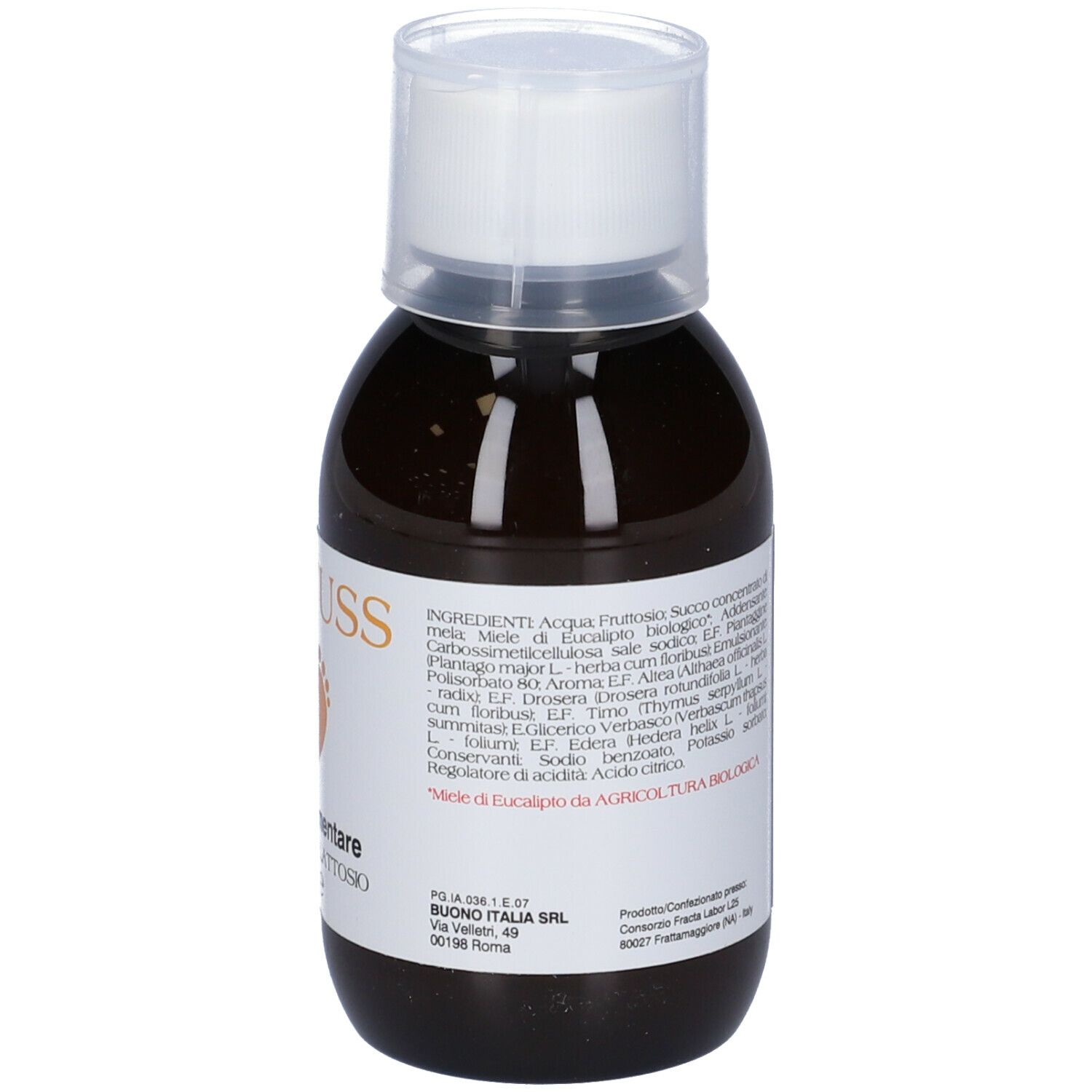 Liquido marrone in bottiglia con tappo bianco. Etichetta con ingredienti.