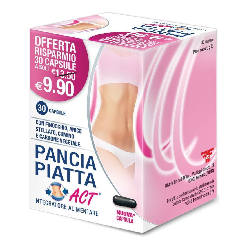 Boîte de produit. Inscription : Pancia Piatta ACT, 30 capsules, prix. Contient des ingrédients végétaux.