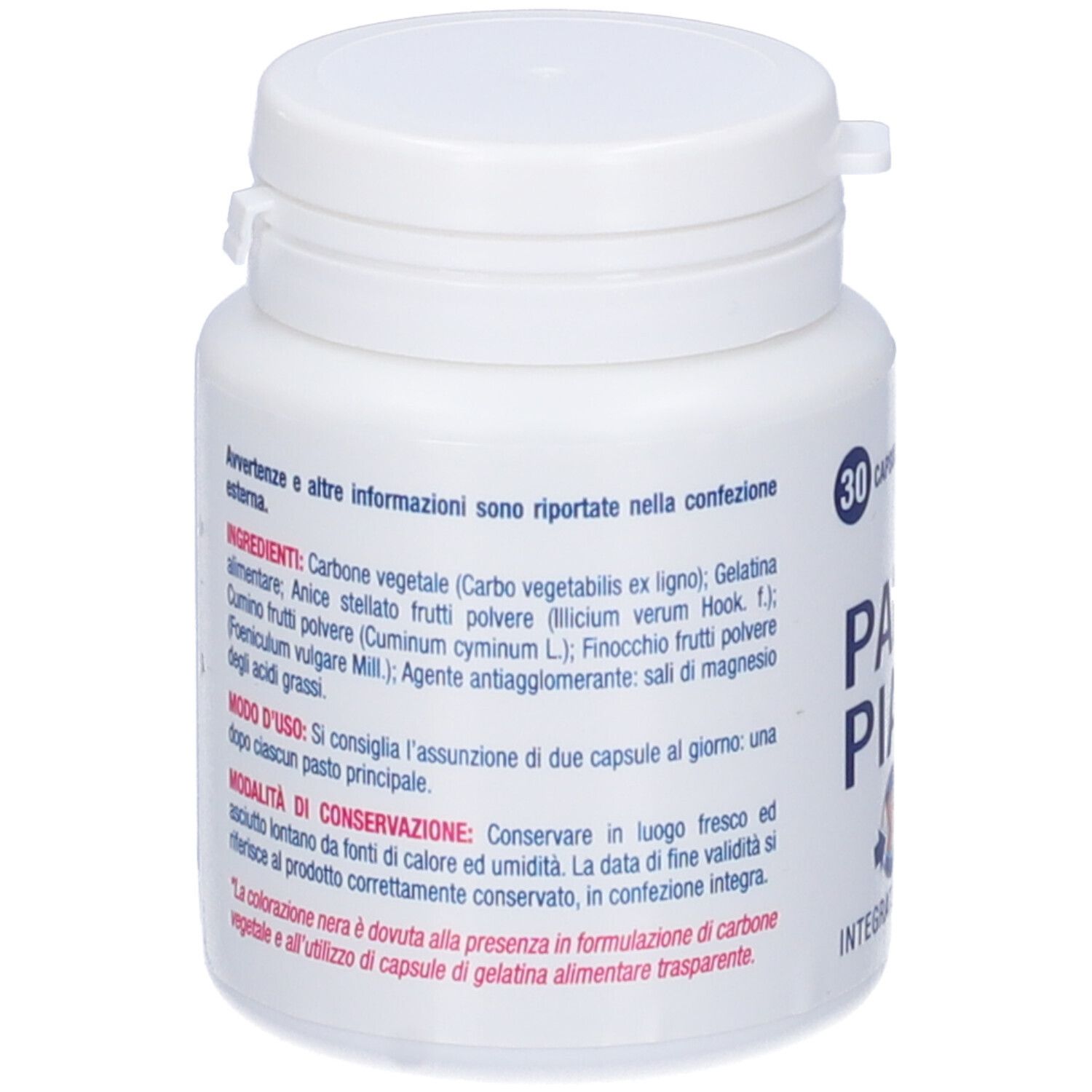 Flacon blanc de 30 capsules. Dos avec ingrédients et instructions d'utilisation. Contient des ingrédients végétaux.