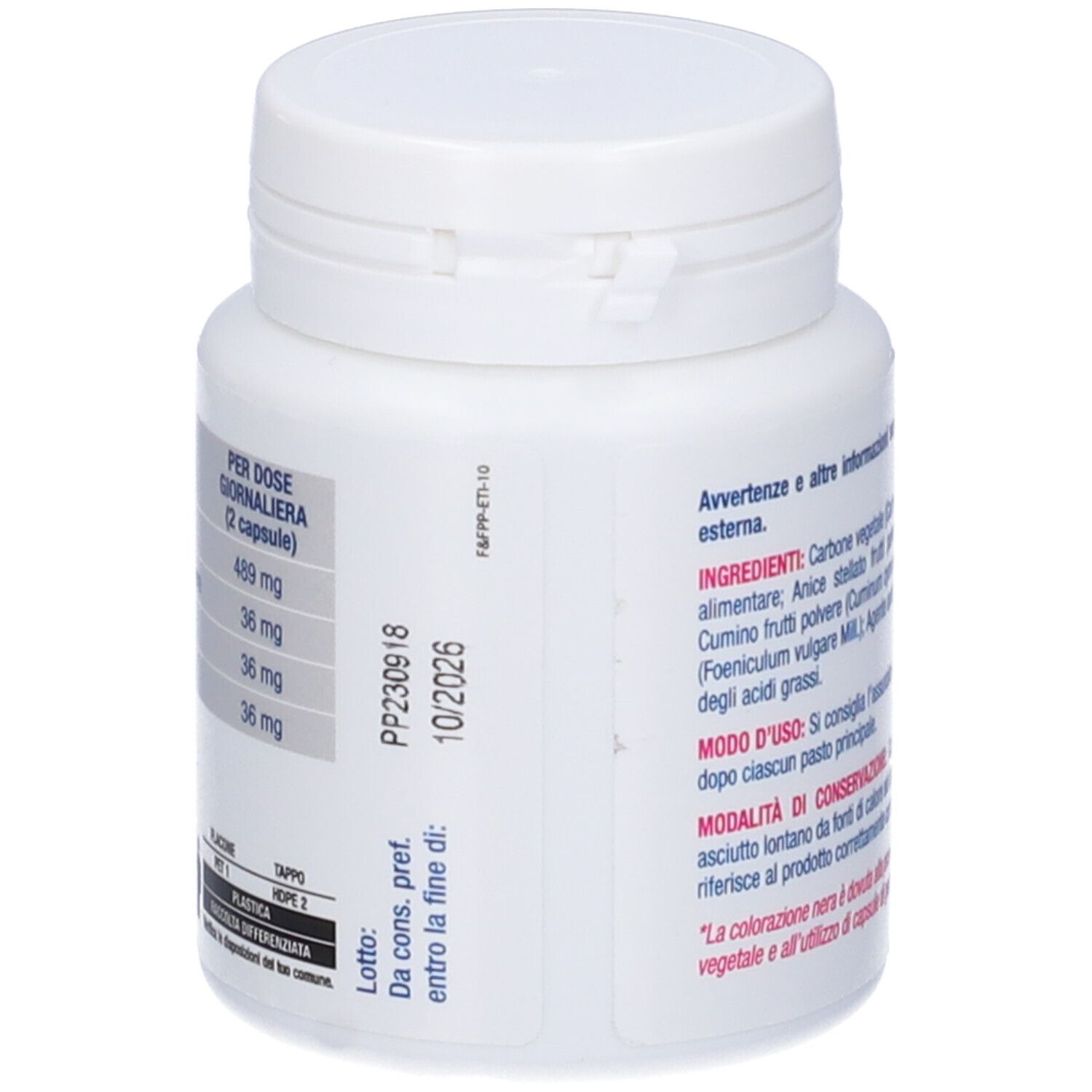 Flacon blanc de 30 capsules. Dos avec ingrédients et instructions d'utilisation. Contient des ingrédients végétaux.