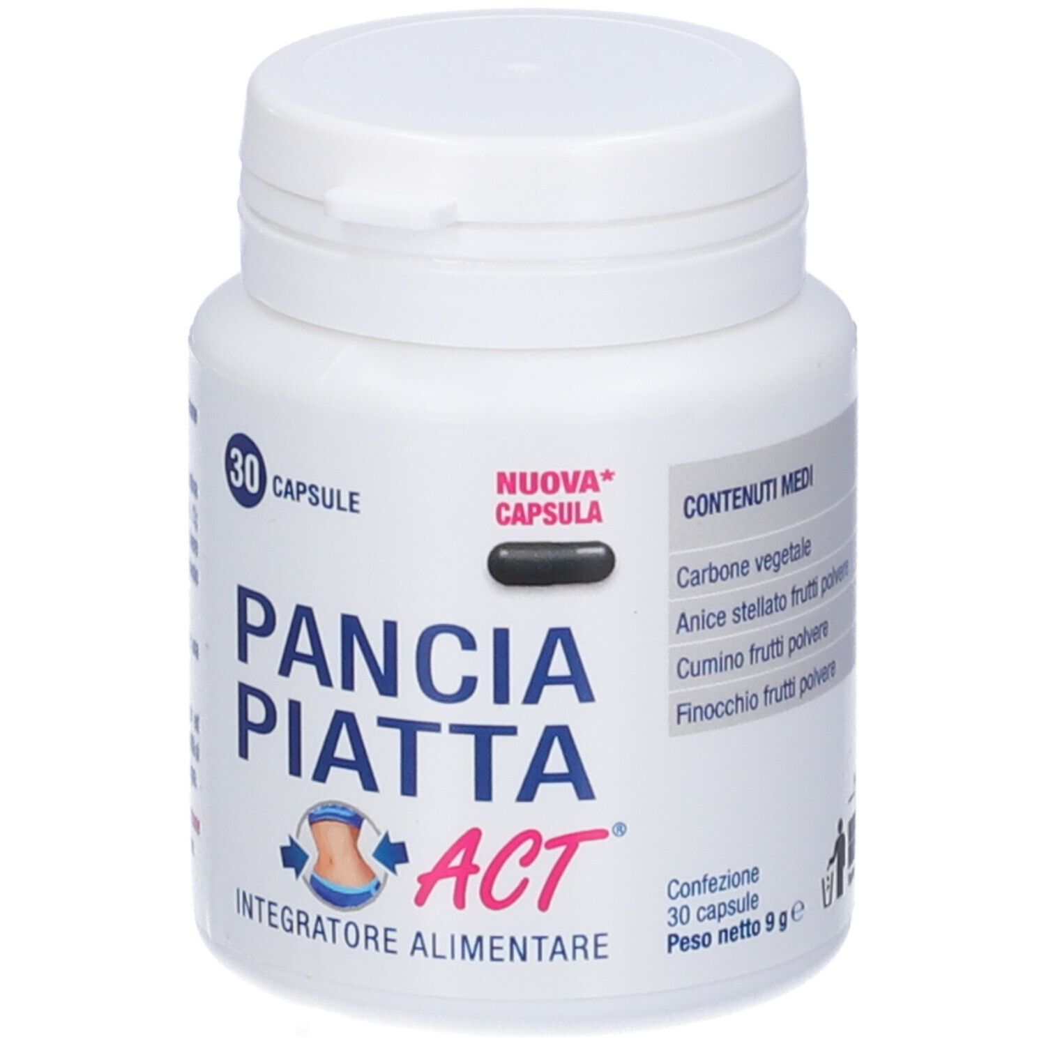 Flacon blanc de 30 capsules. Dos avec ingrédients et instructions d'utilisation. Contient des ingrédients végétaux.