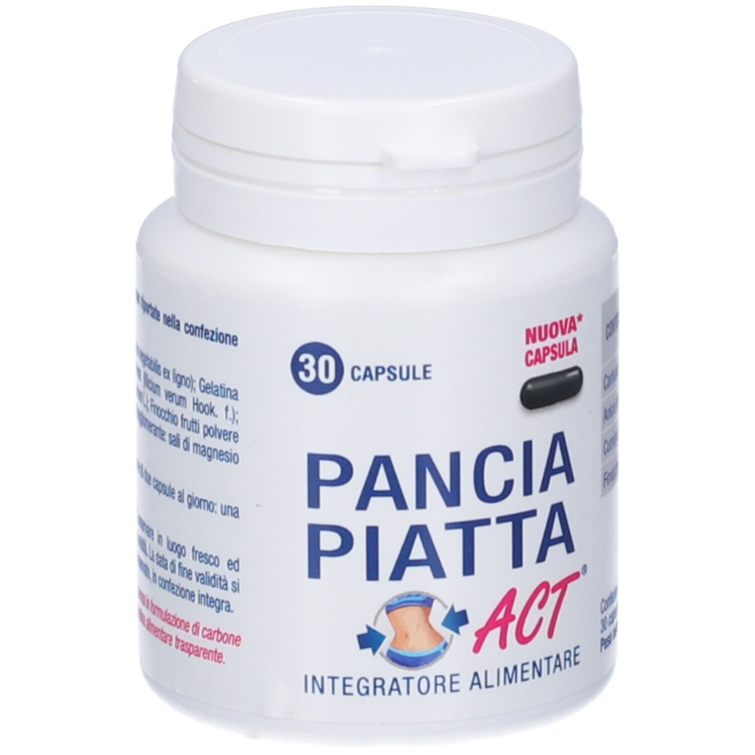 Flacon blanc de 30 capsules. Inscription : Pancia Piatta ACT, capsule noire. Contient des ingrédients végétaux.