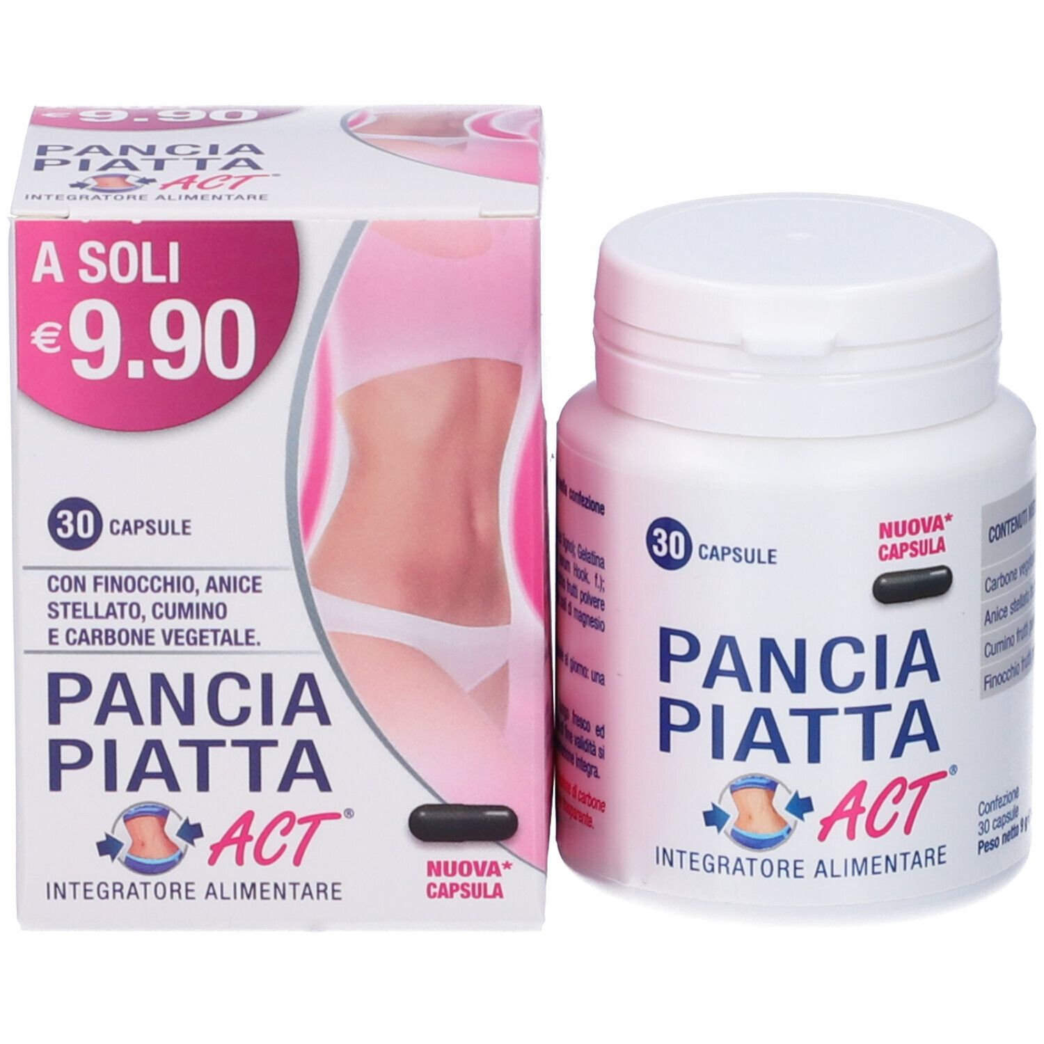 Emballage et flacon du produit. Inscription : Pancia Piatta ACT, 30 capsules, prix. Contient des ingrédients végétaux.