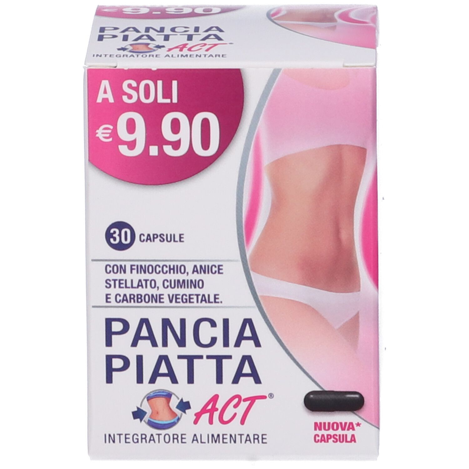 Emballage du produit. Inscription : Pancia Piatta ACT, 30 capsules, prix. Contient des ingrédients végétaux.