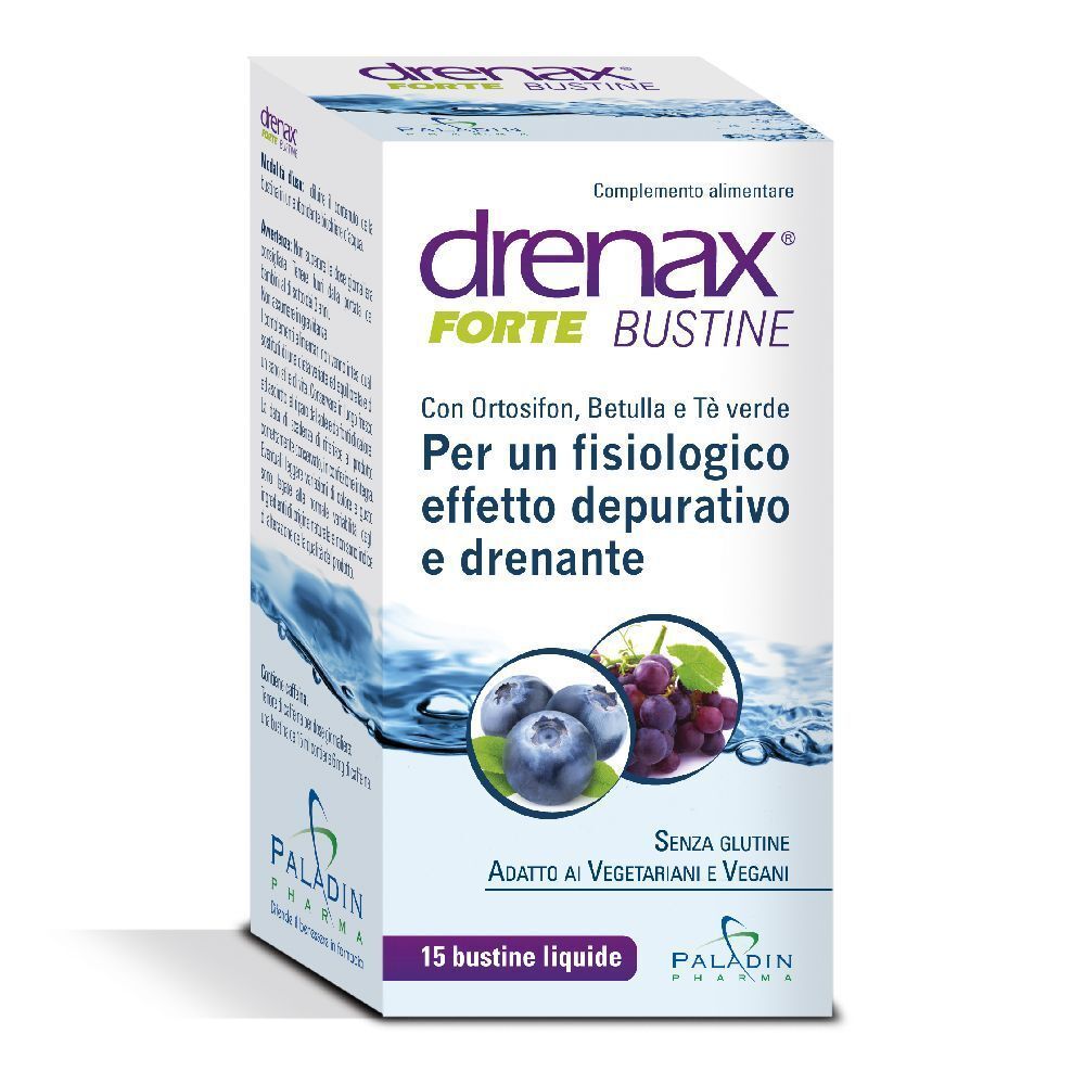 Scatola di Drenax Forte Bustine. Immagini di mirtilli e uva. 15 bustine liquide.