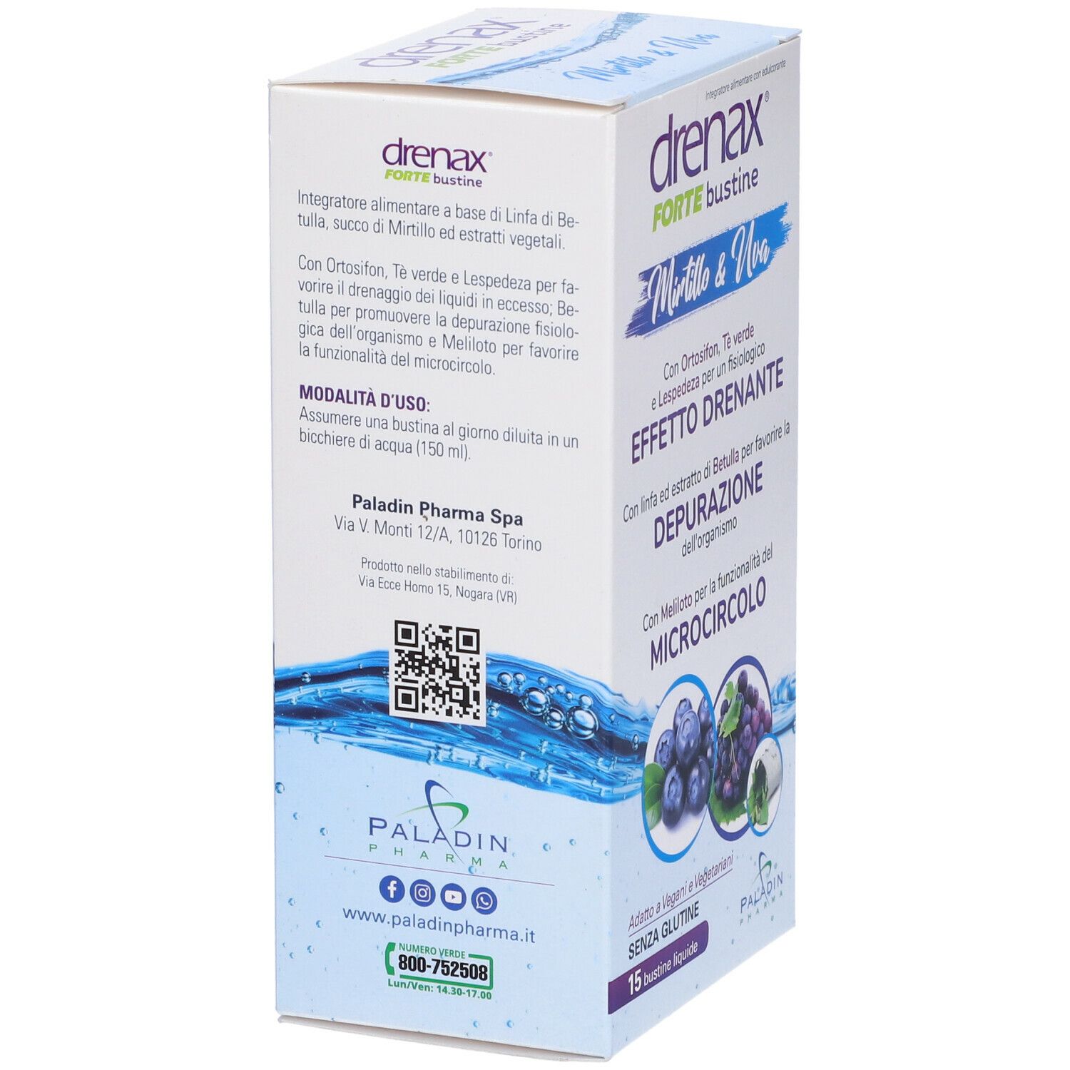 Scatola Drenax Forte Bustine. Retro con testo e immagini. Mirtilli e uva. 15 bustine liquide.