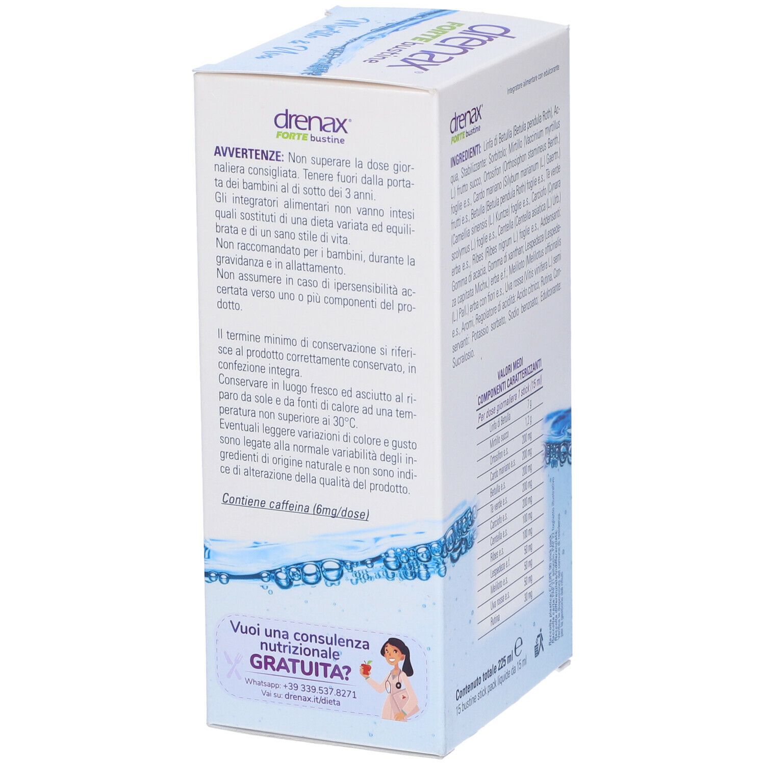 Scatola Drenax Forte Bustine. Retro con avvertenze e informazioni nutrizionali. 15 bustine liquide.